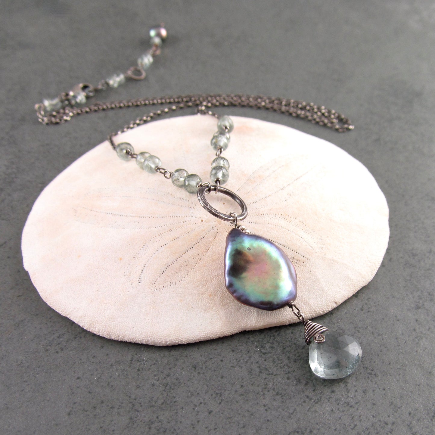 Moss aquamarine necklace, handmade sterling silver & pearl necklace-OOAK