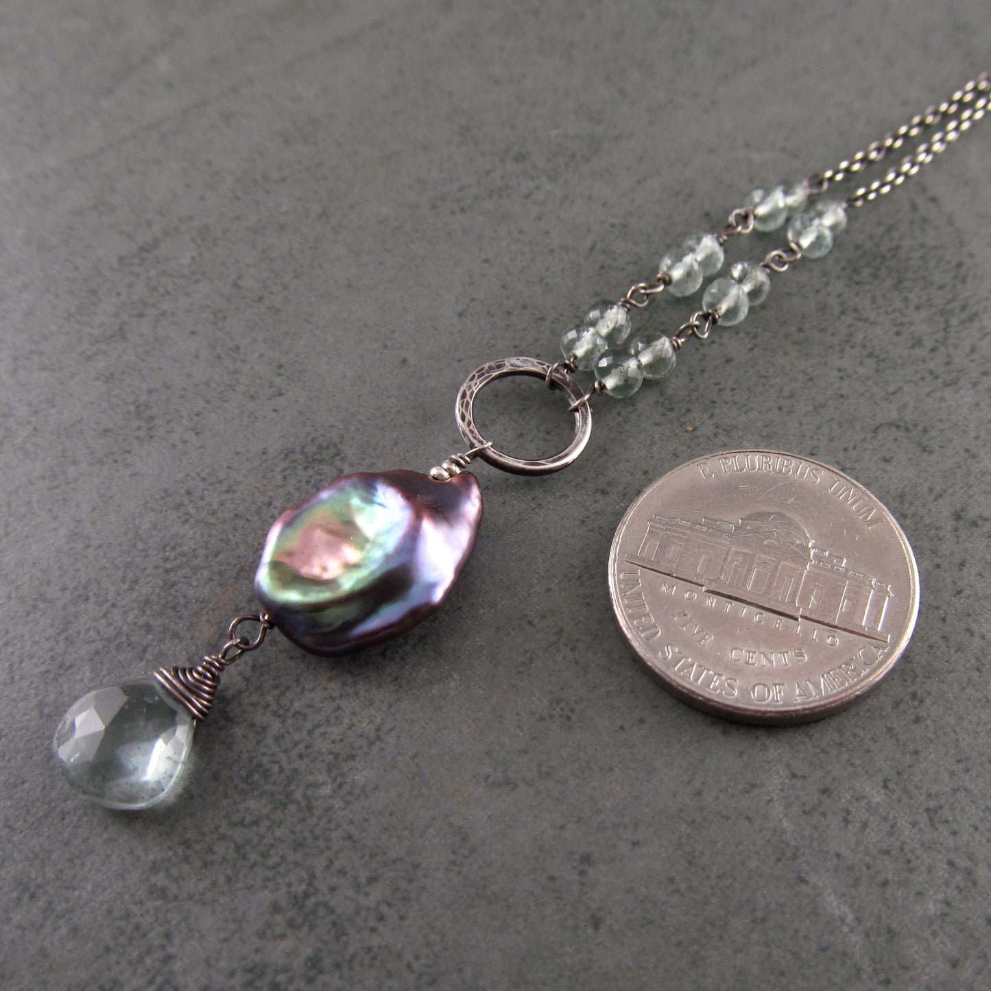 Moss aquamarine necklace, handmade sterling silver & pearl necklace-OOAK