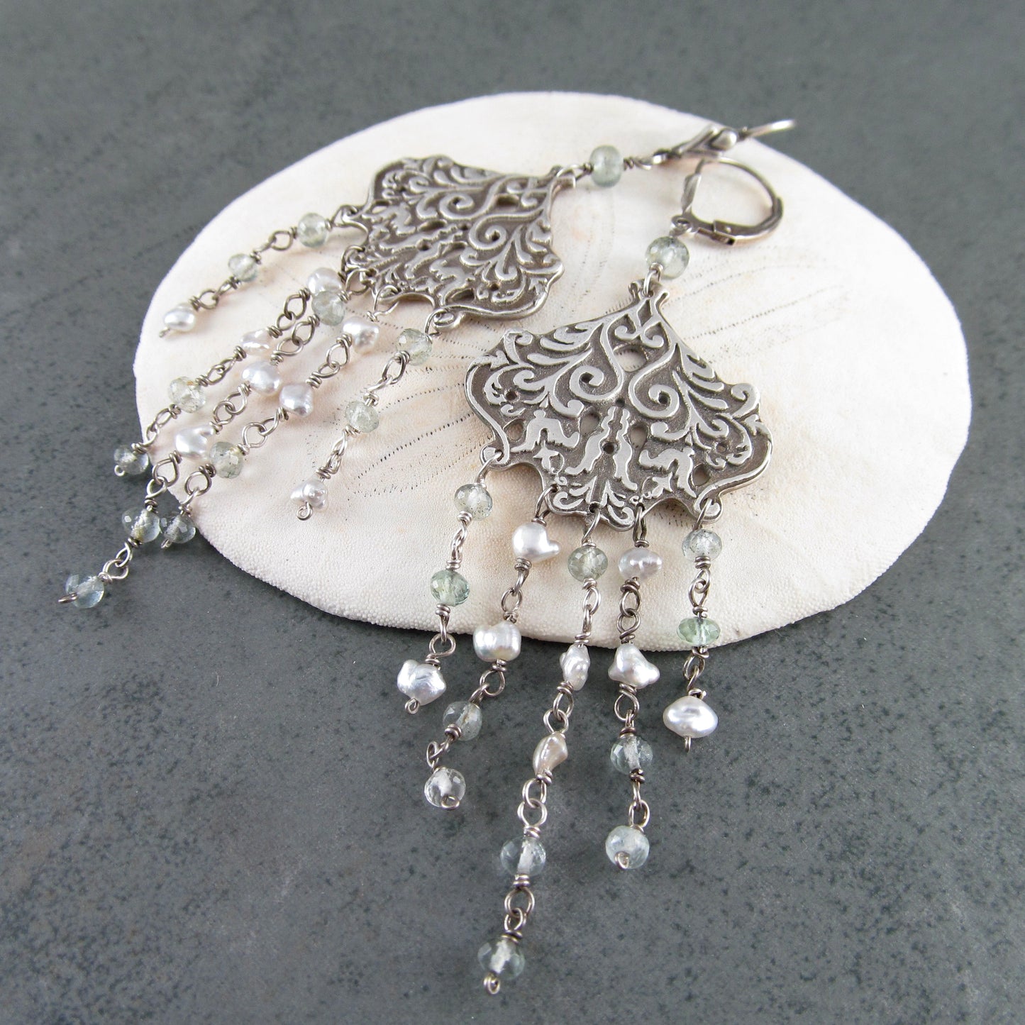 Aquamarine chandelier earrings with silver saltwater keshi pearls, handmade recycled sterling silver earrings-OOAK