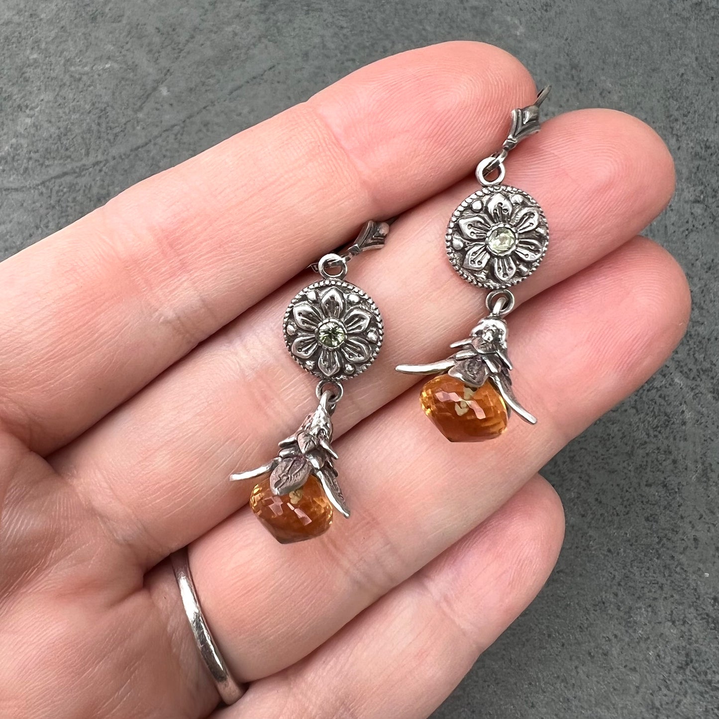 Citrine exotic flower earrings, handmade fine silver and green sapphire