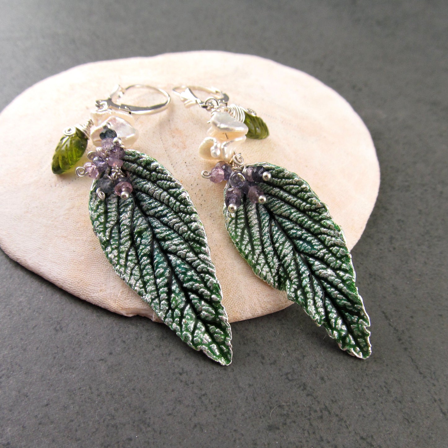 Green leaf earrings with enamel, purple sapphires, pearl and vesuvianite