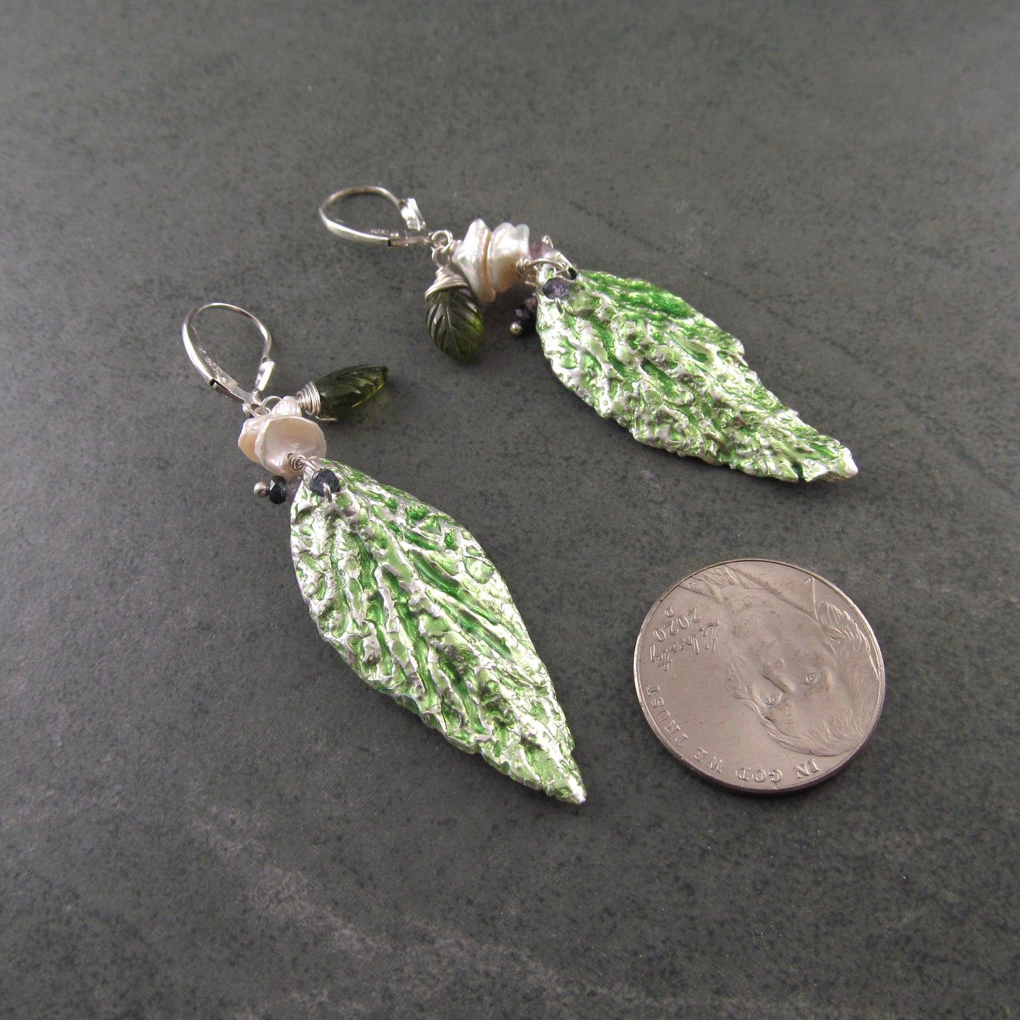 Green leaf earrings with enamel, purple sapphires, pearl and vesuvianite