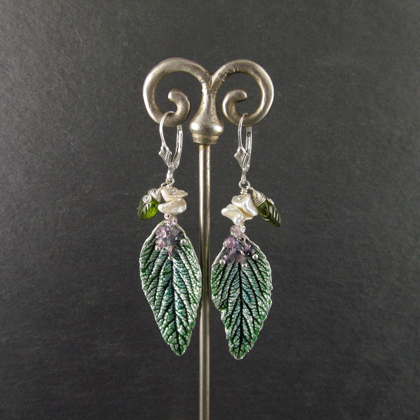 Green leaf earrings with enamel, purple sapphires, pearl and vesuvianite