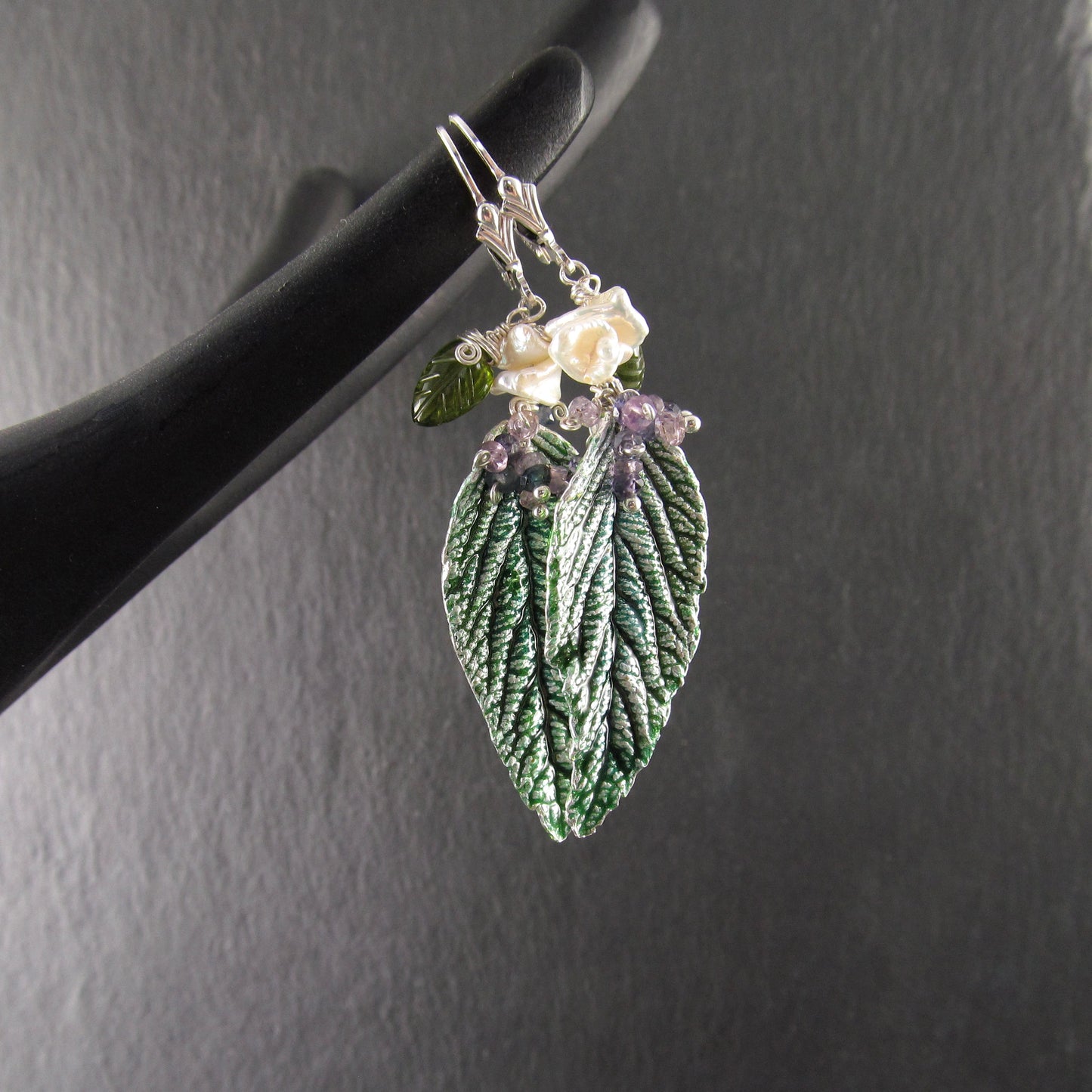 Green leaf earrings with enamel, purple sapphires, pearl and vesuvianite