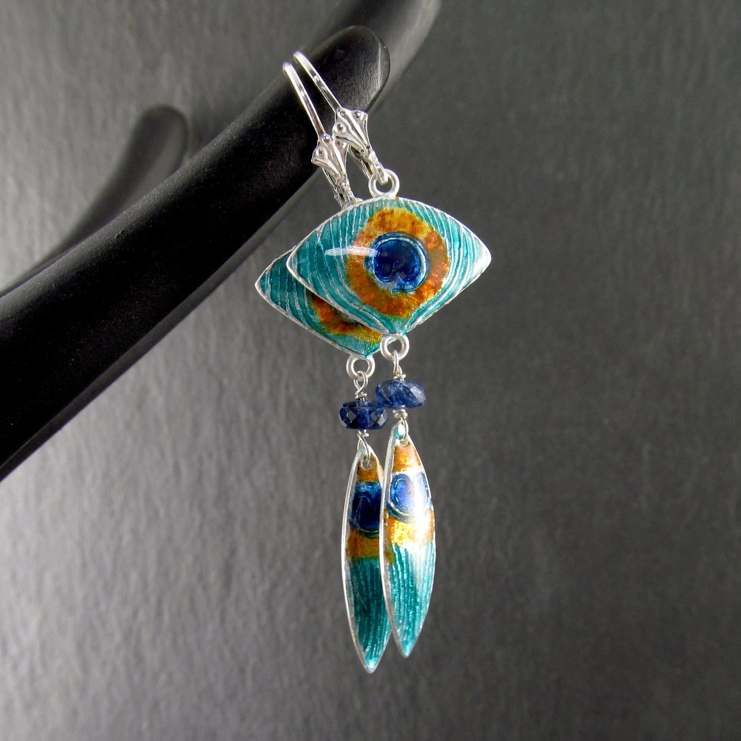 Peacock feather enamel earrings, recycled fine silver