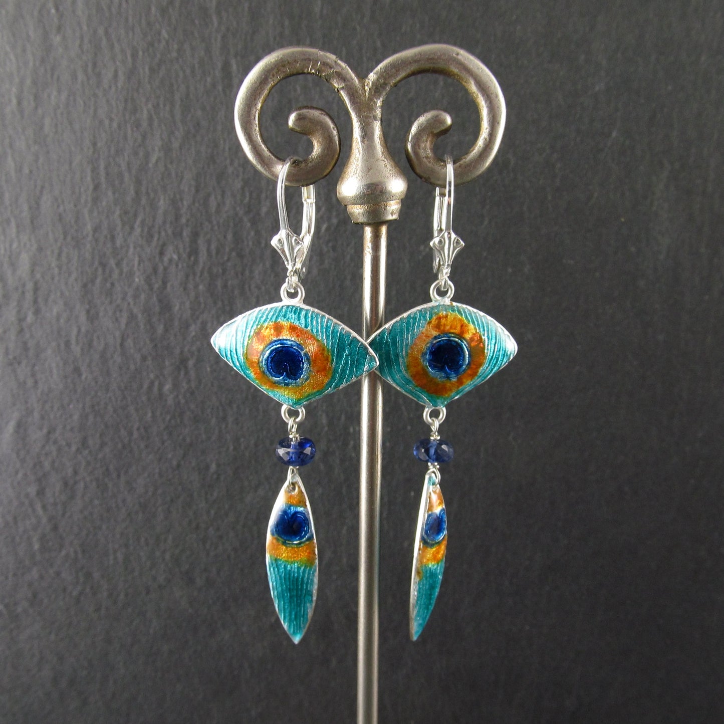 Peacock feather enamel earrings, recycled fine silver