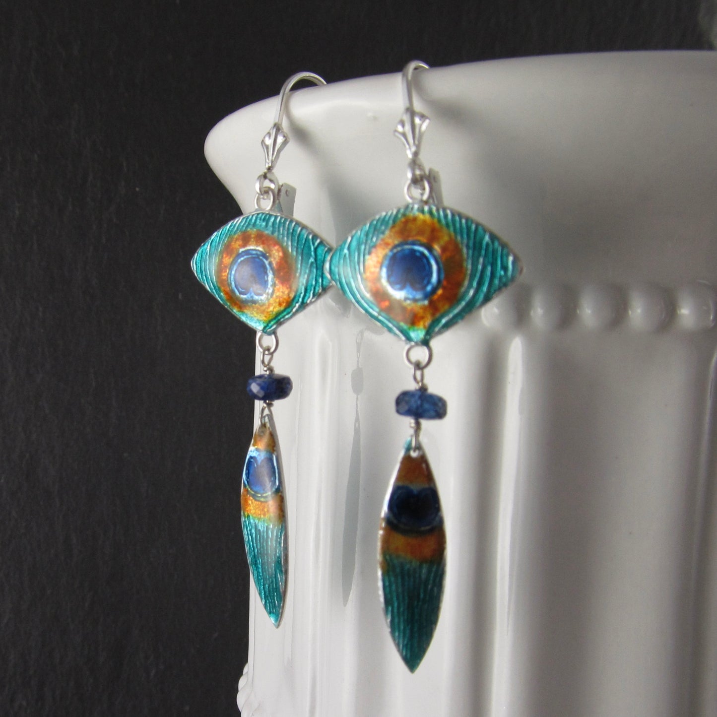 Peacock feather enamel earrings, recycled fine silver