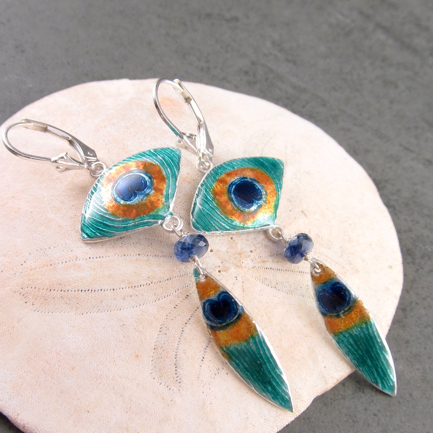 Peacock feather enamel earrings, recycled fine silver