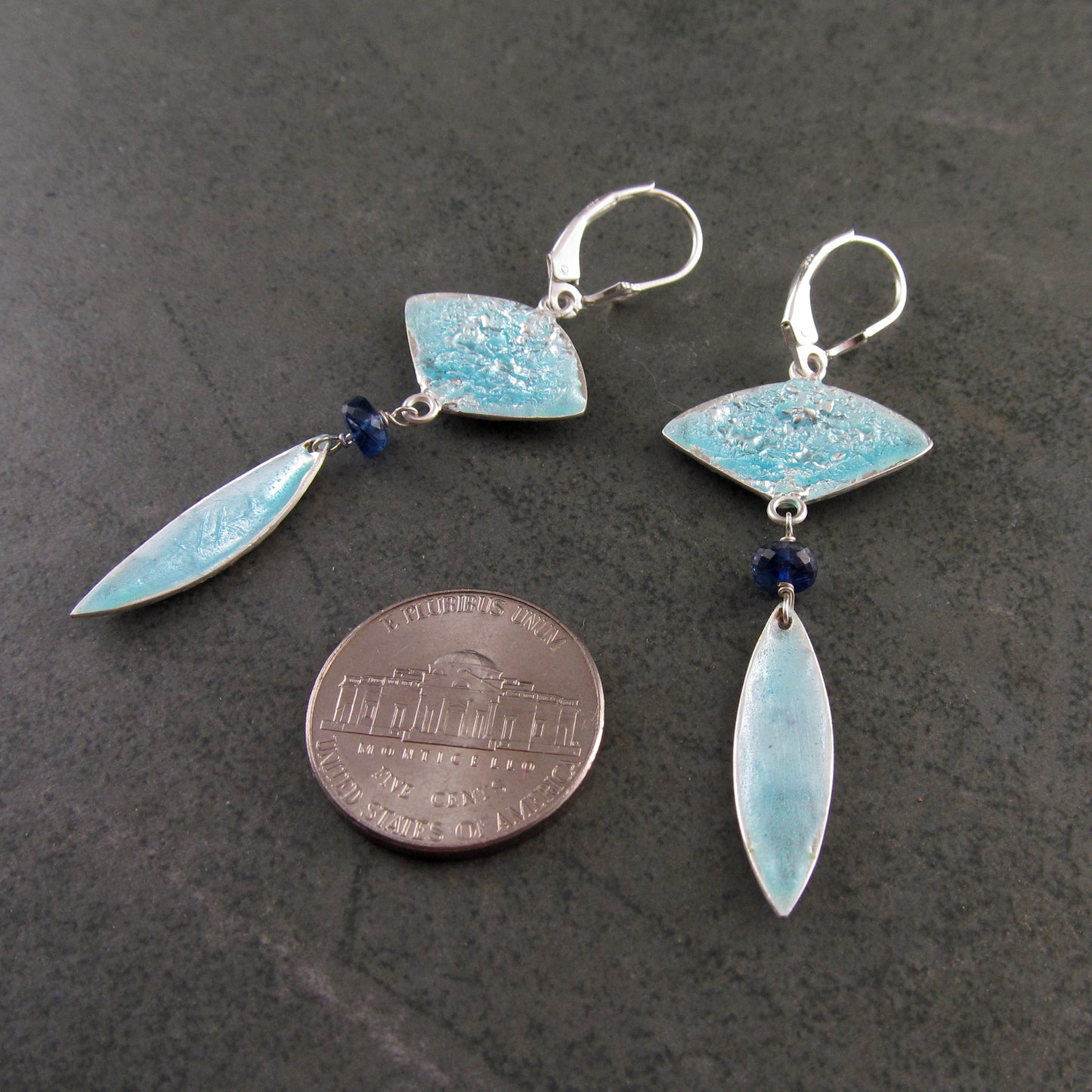 Peacock feather enamel earrings, recycled fine silver
