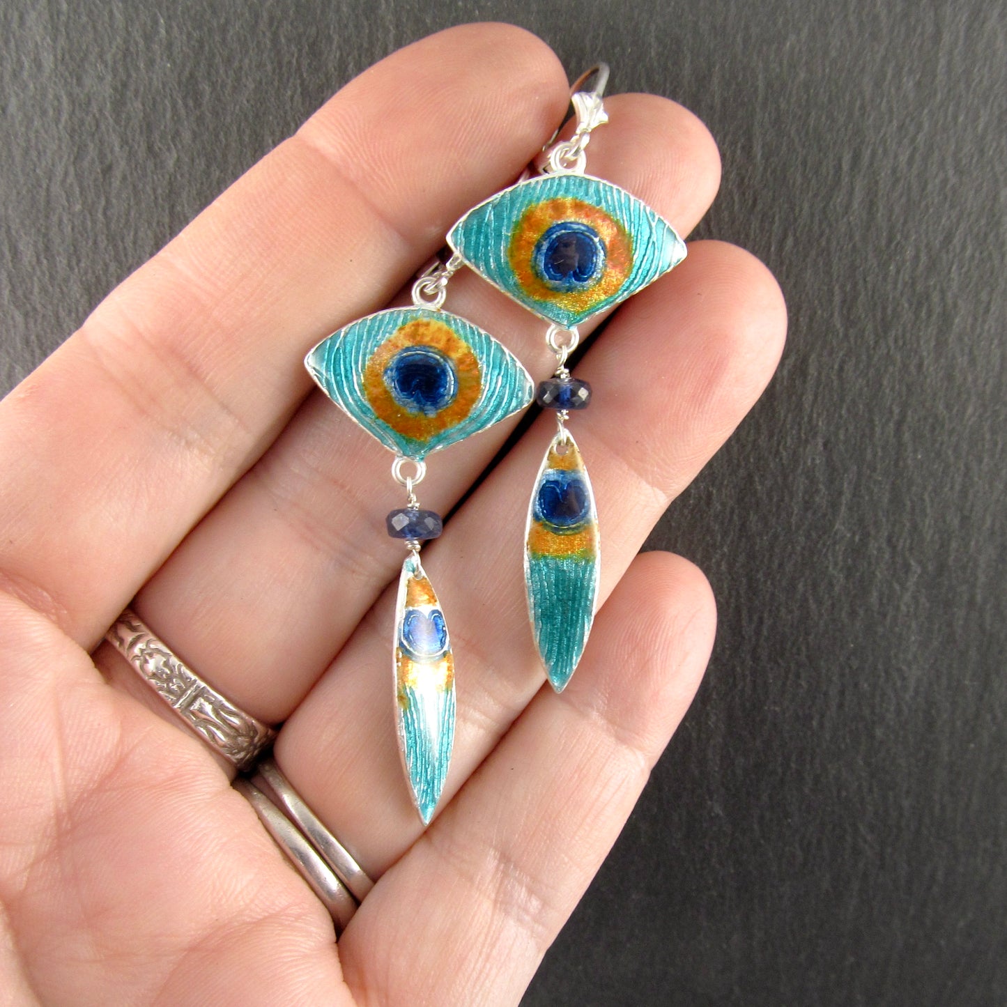 Peacock feather enamel earrings, recycled fine silver