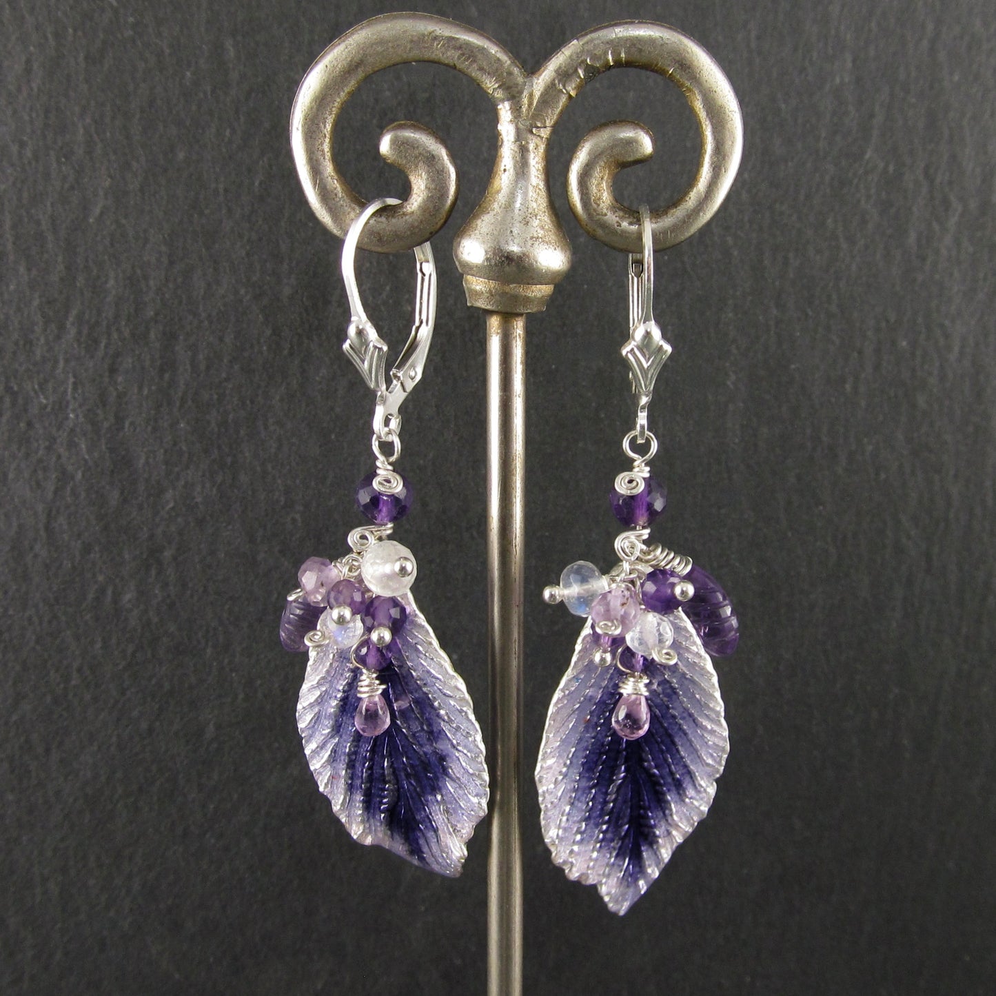 Purple enamel leaf earrings in fine silver with amethyst, moonstone and lavender sapphire
