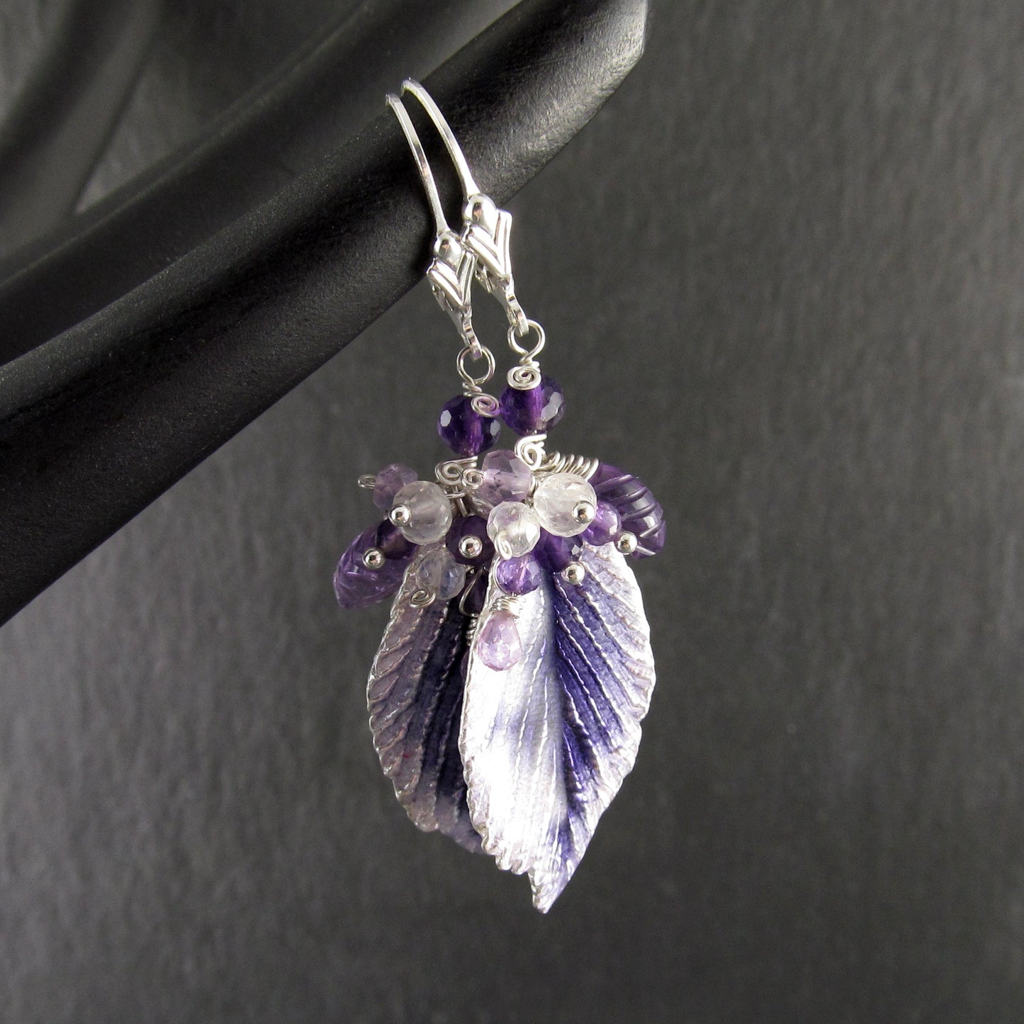 Purple enamel leaf earrings in fine silver with amethyst, moonstone and lavender sapphire