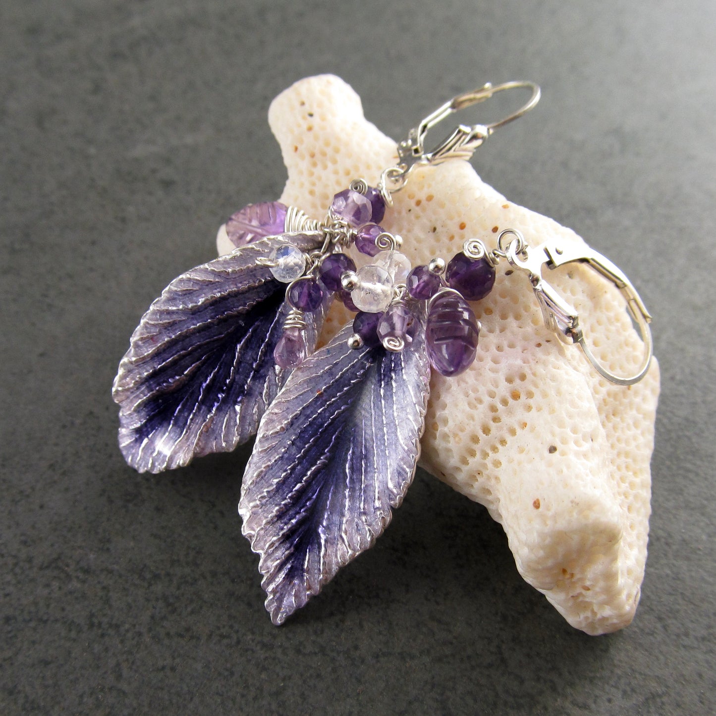 Purple enamel leaf earrings in fine silver with amethyst, moonstone and lavender sapphire