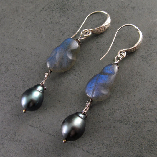 Tahitian pearl and blue labradorite earrings in sterling silver