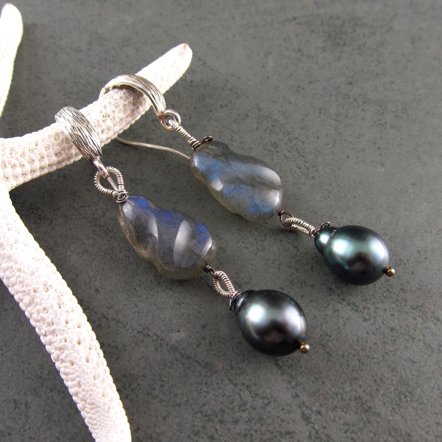 Tahitian pearl and blue labradorite earrings in sterling silver