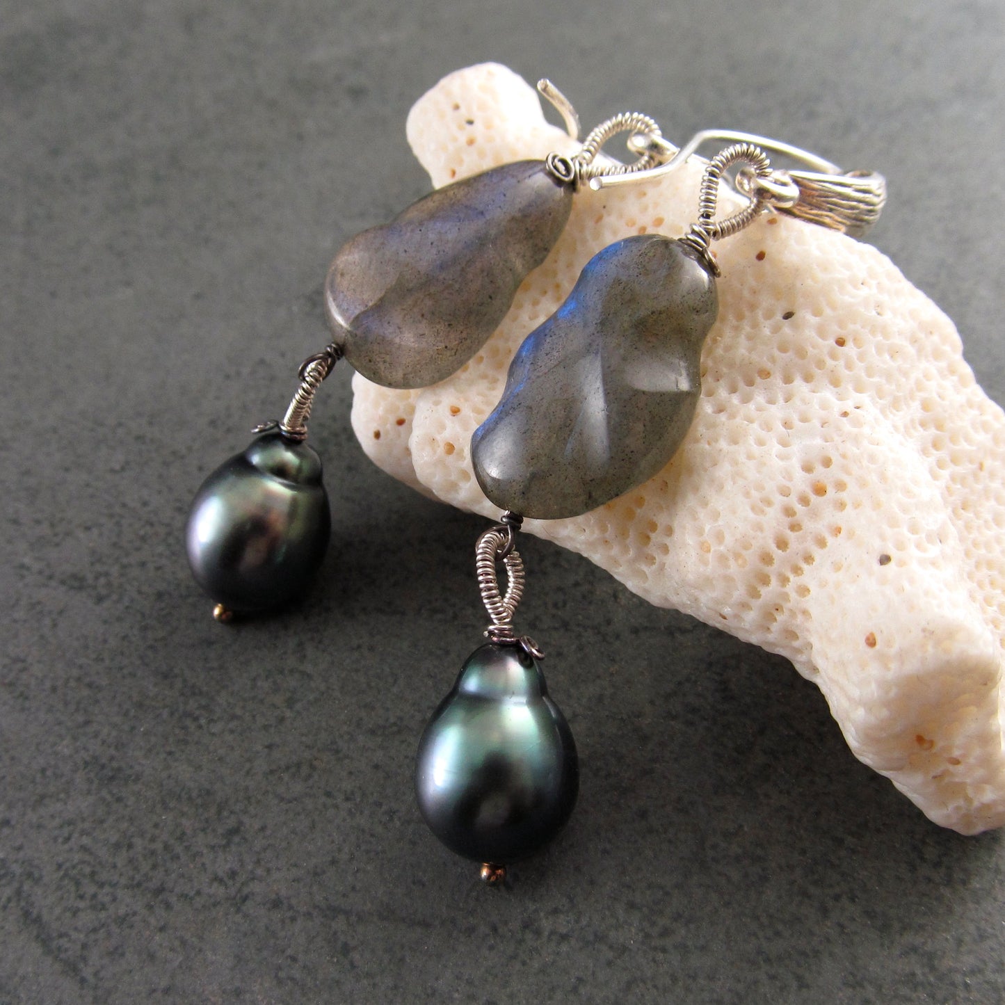Tahitian pearl and blue labradorite earrings in sterling silver