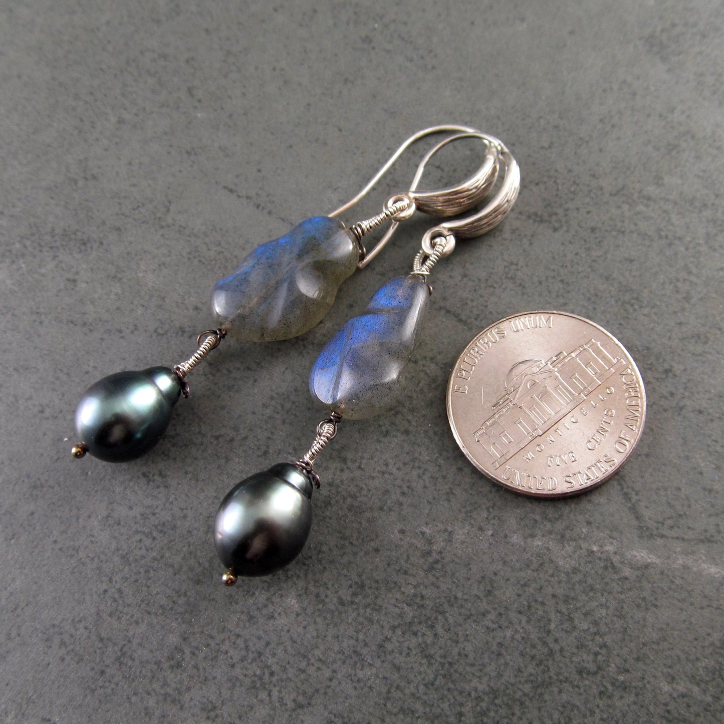 Tahitian pearl and blue labradorite earrings in sterling silver