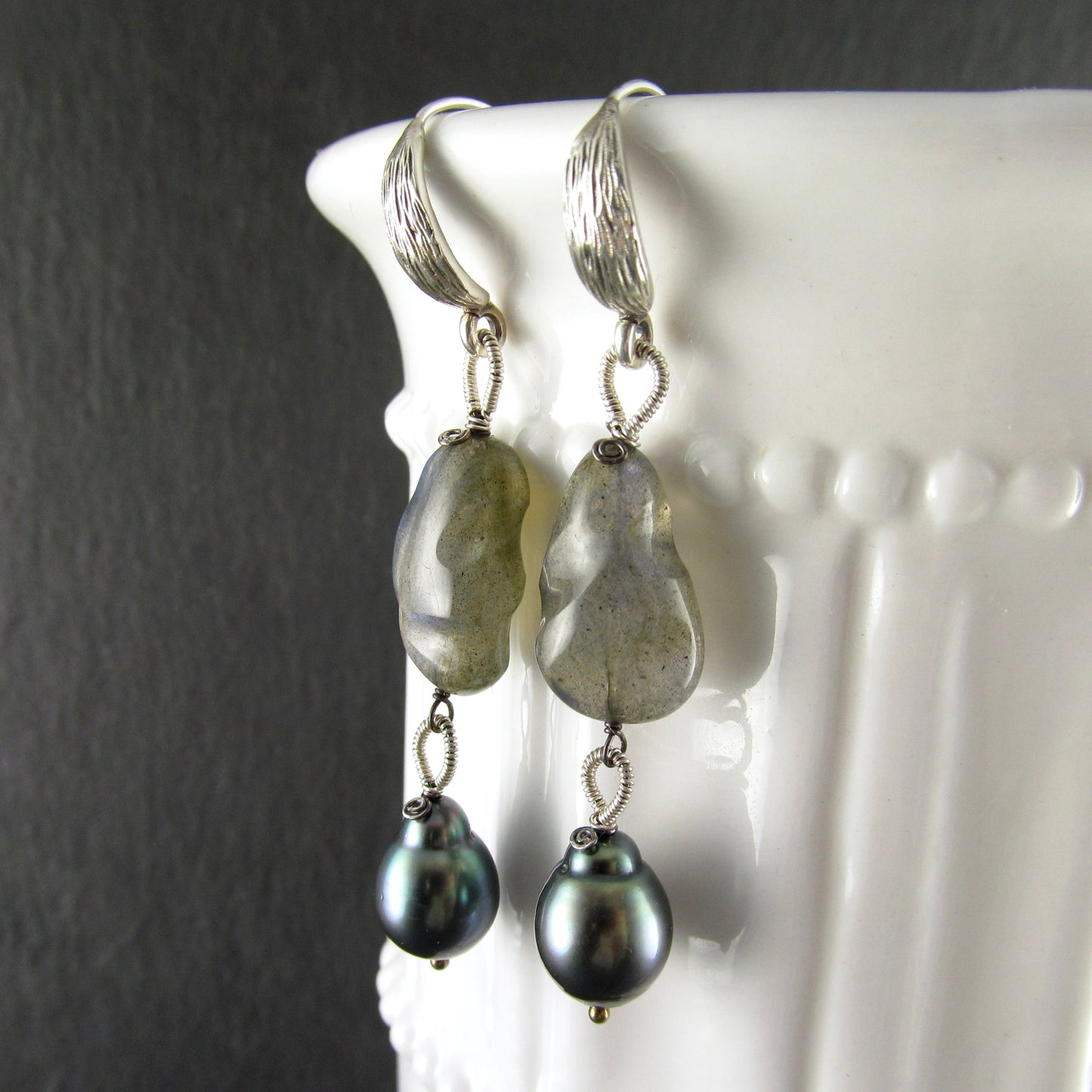 Tahitian pearl and blue labradorite earrings in sterling silver