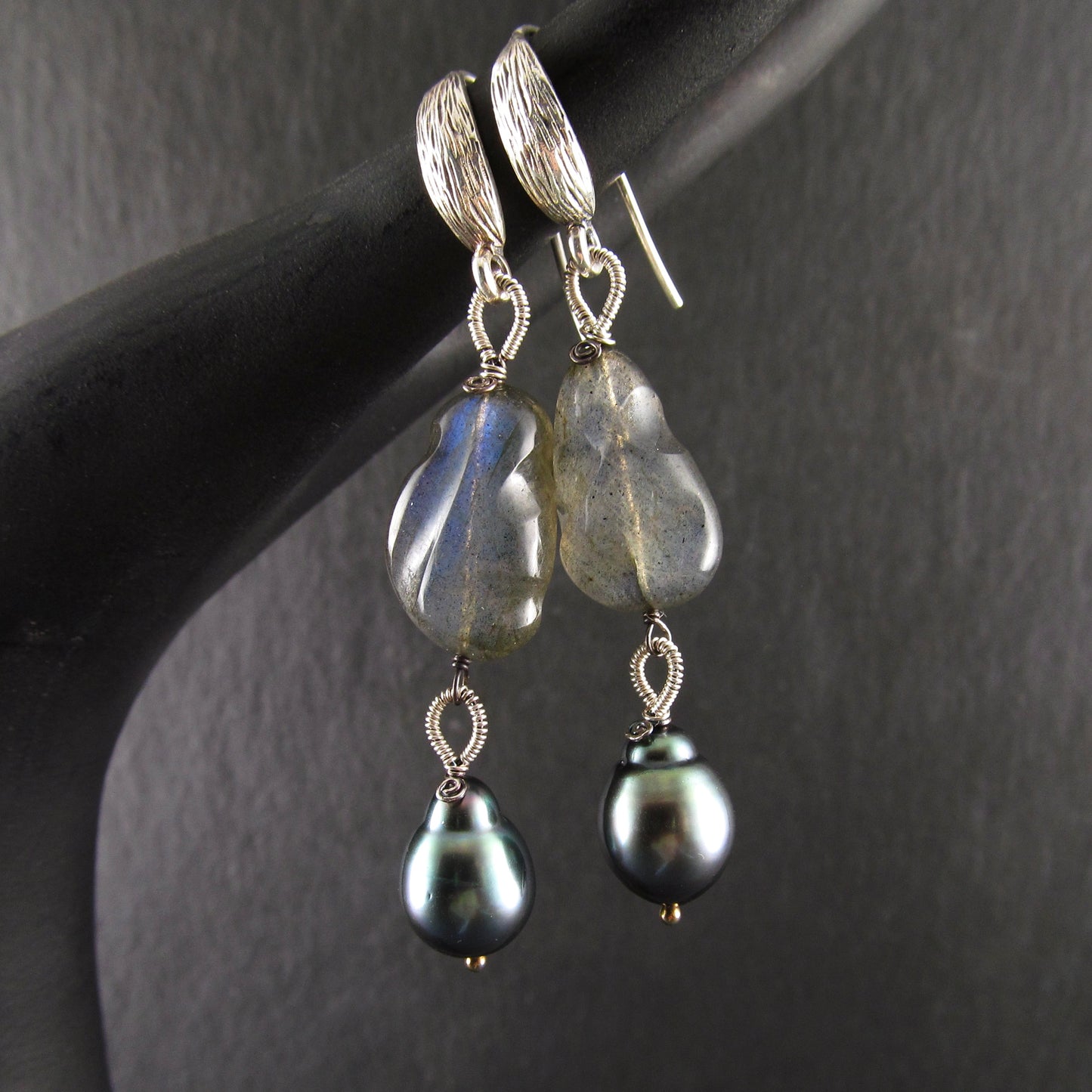Tahitian pearl and blue labradorite earrings in sterling silver