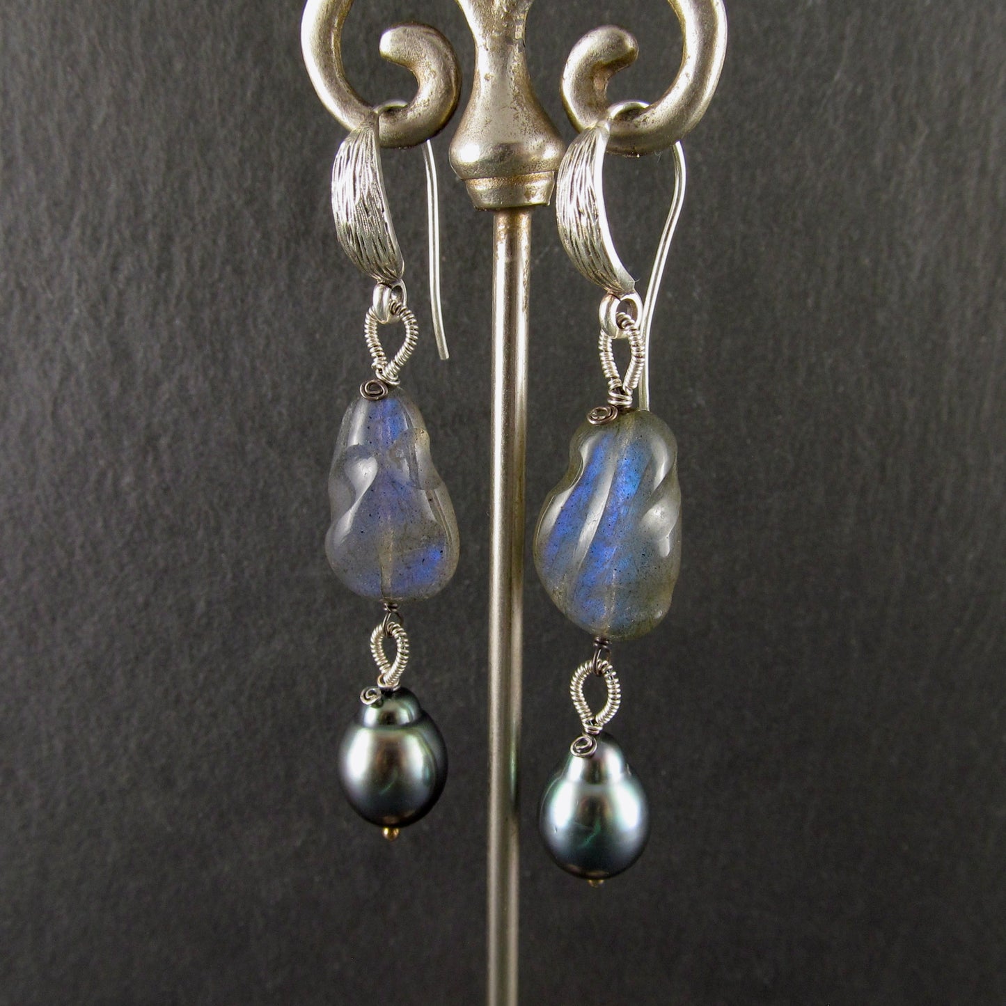 Tahitian pearl and blue labradorite earrings in sterling silver