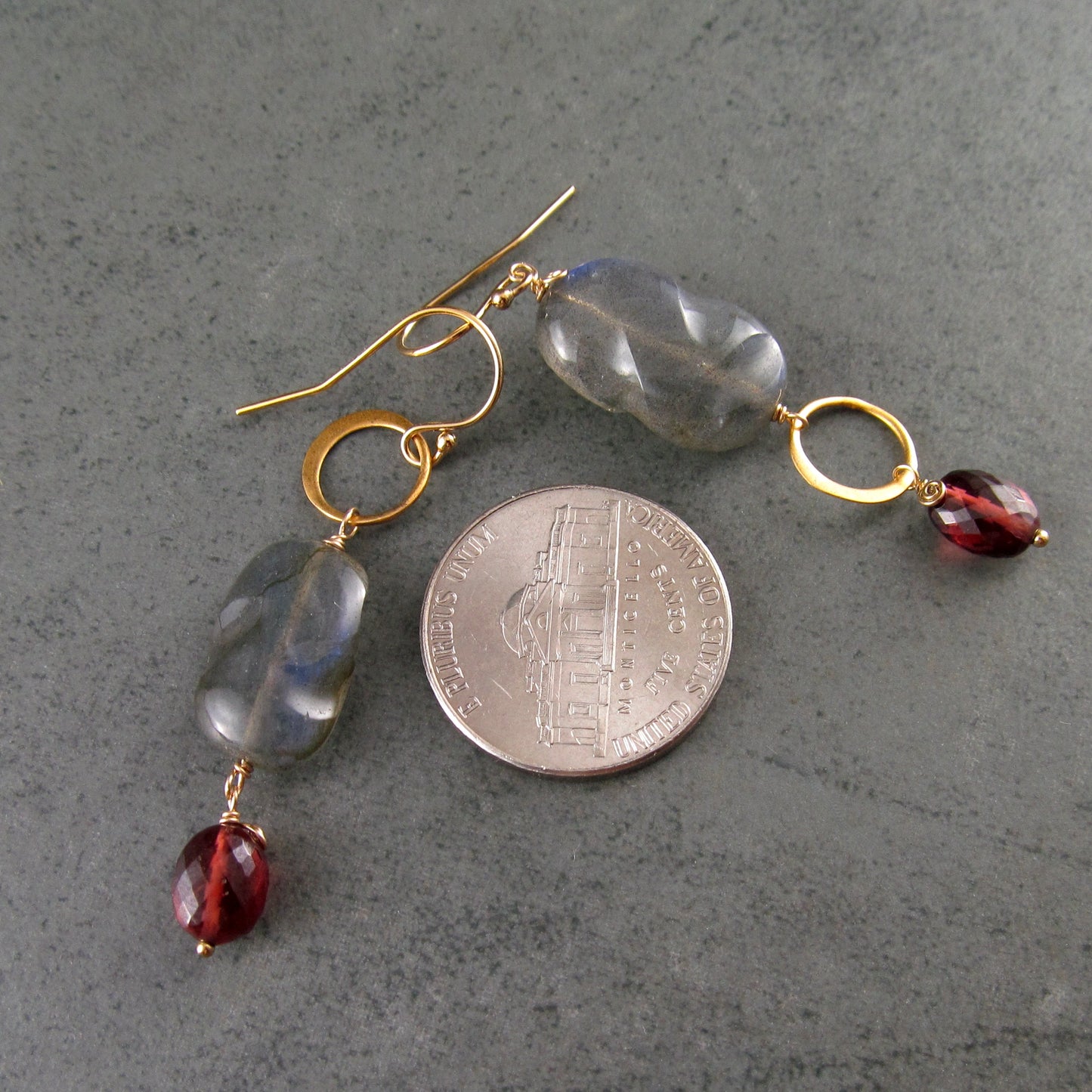 Blue labradorite earrings with garnet in 14k gold fill, mis matched earrings