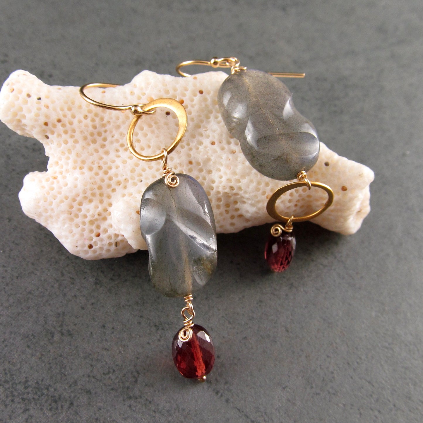 Blue labradorite earrings with garnet in 14k gold fill, mis matched earrings