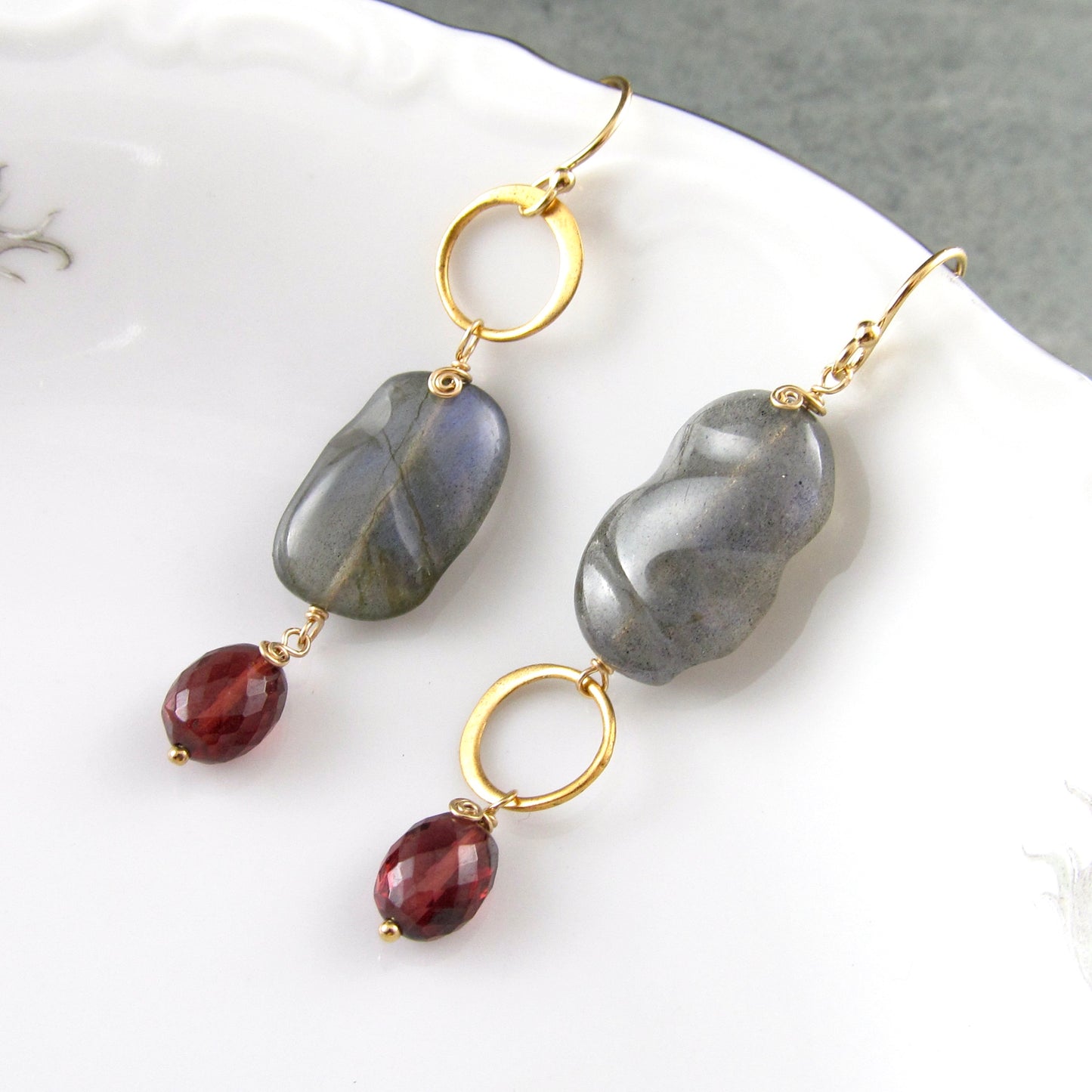 Blue labradorite earrings with garnet in 14k gold fill, mis matched earrings
