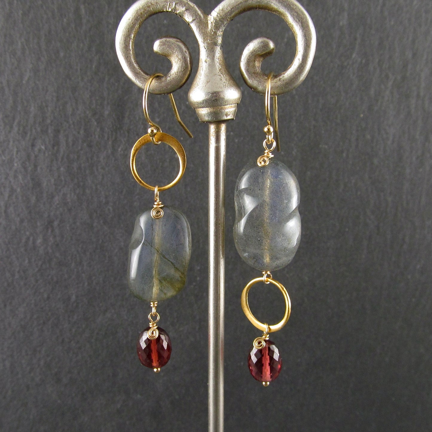 Blue labradorite earrings with garnet in 14k gold fill, mis matched earrings