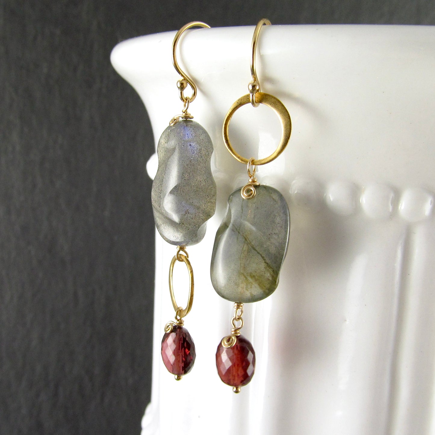 Blue labradorite earrings with garnet in 14k gold fill, mis matched earrings