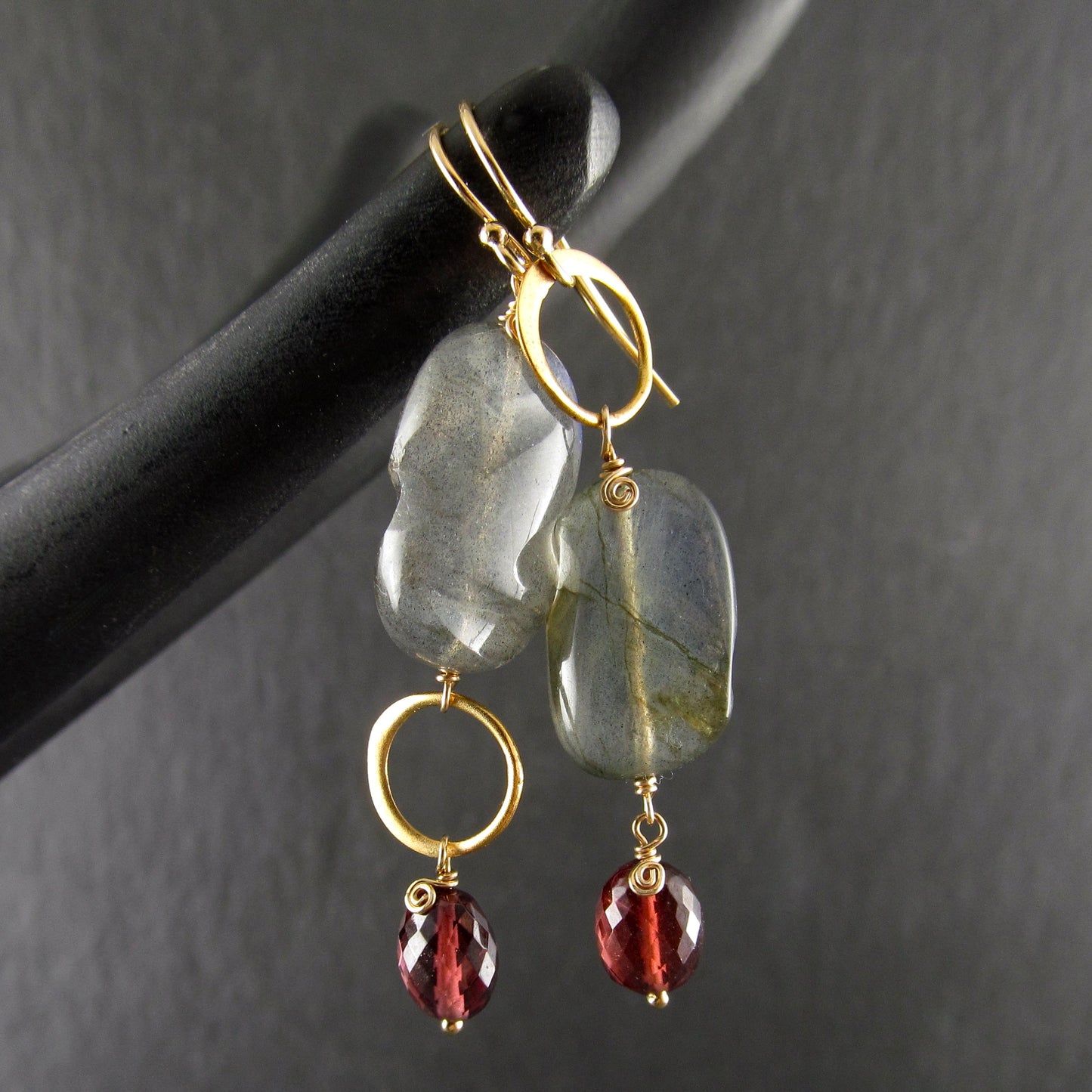 Blue labradorite earrings with garnet in 14k gold fill, mis matched earrings