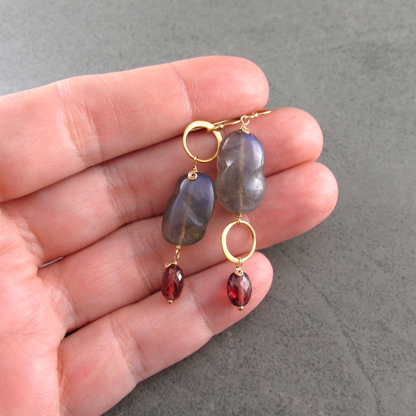 Blue labradorite earrings with garnet in 14k gold fill, mis matched earrings