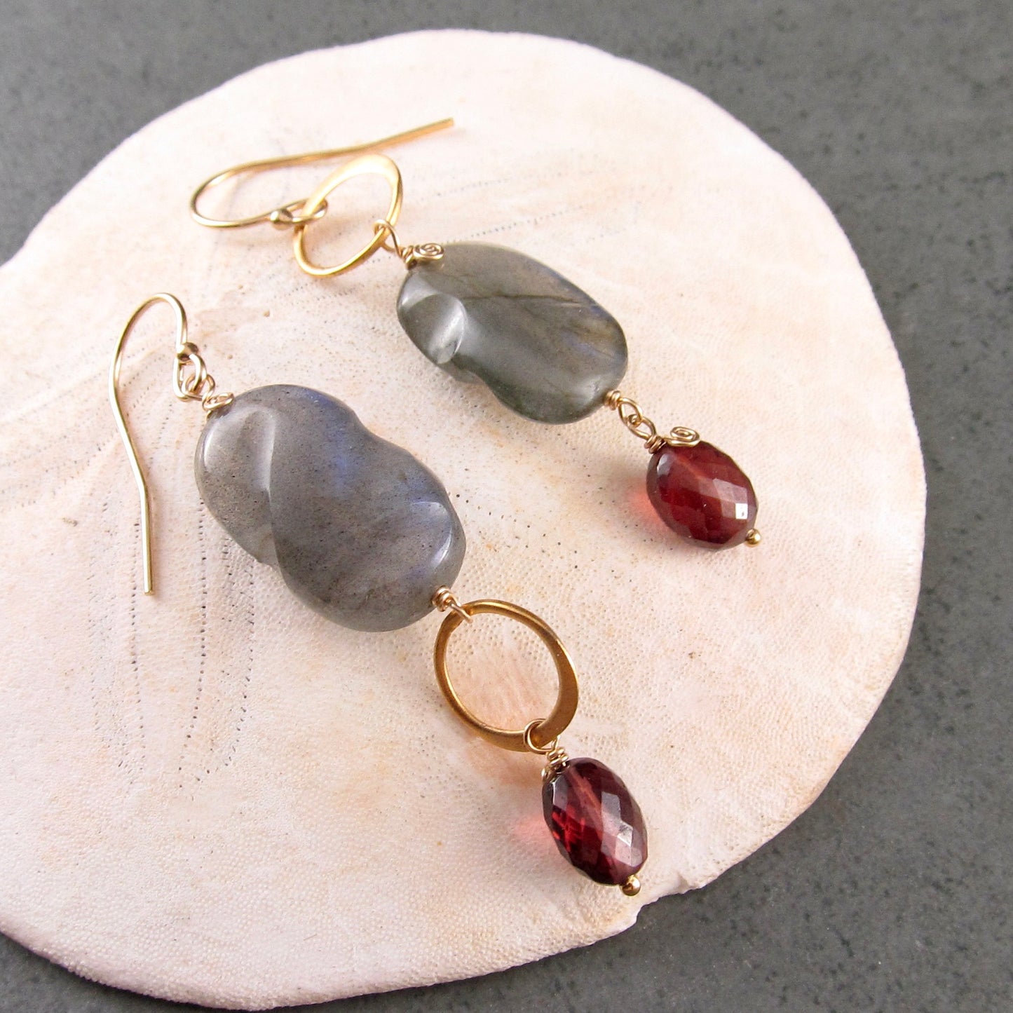 Blue labradorite earrings with garnet in 14k gold fill, mis matched earrings