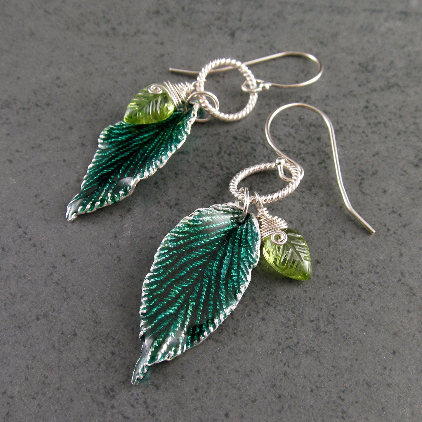 Green enamel leaf earrings, recycled fine silver and peridot