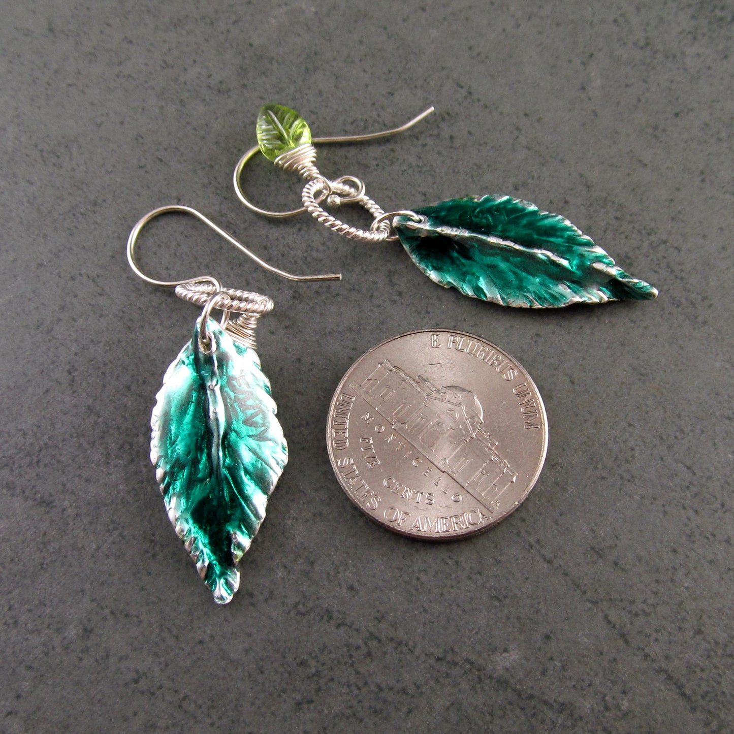 Green enamel leaf earrings, recycled fine silver and peridot