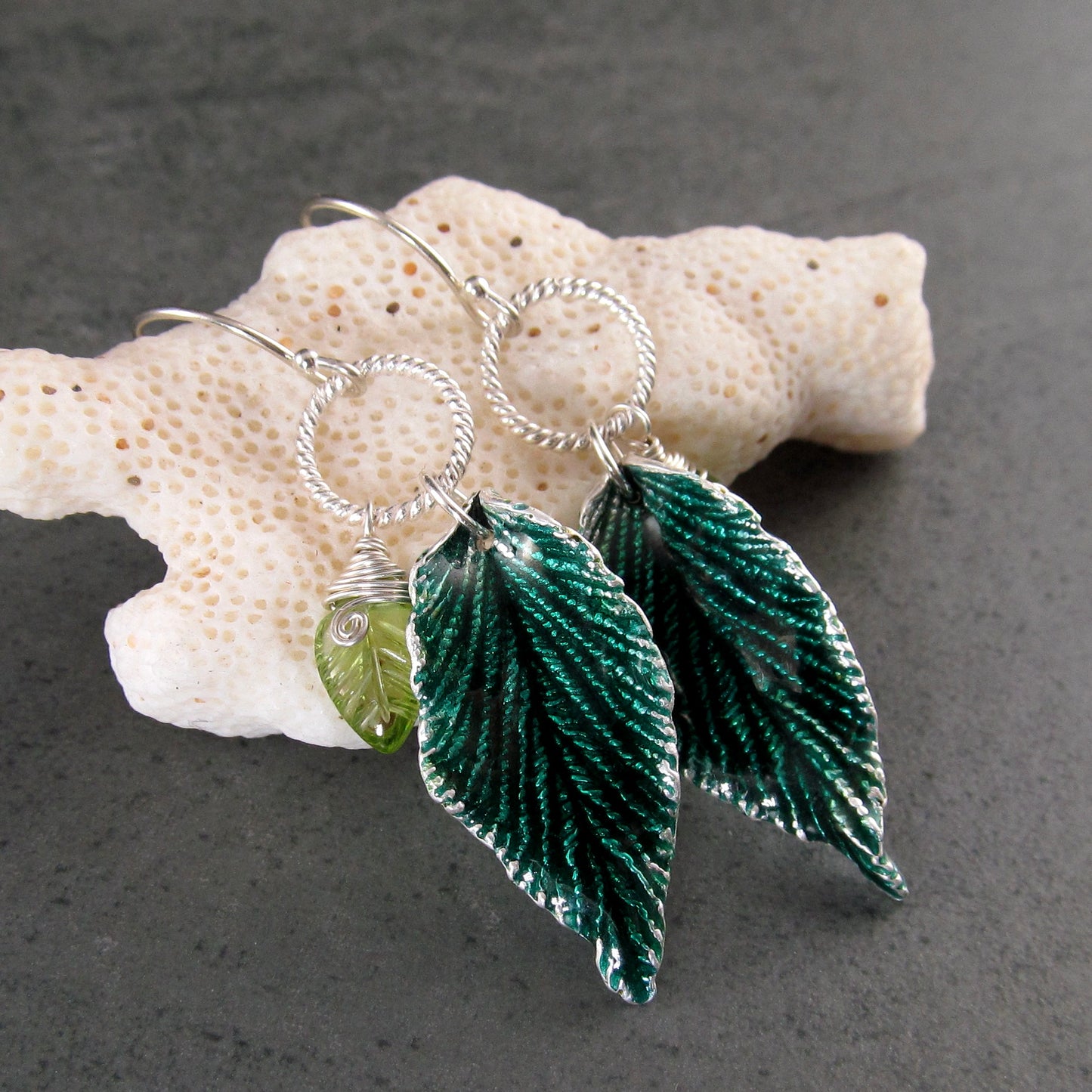 Green enamel leaf earrings, recycled fine silver and peridot