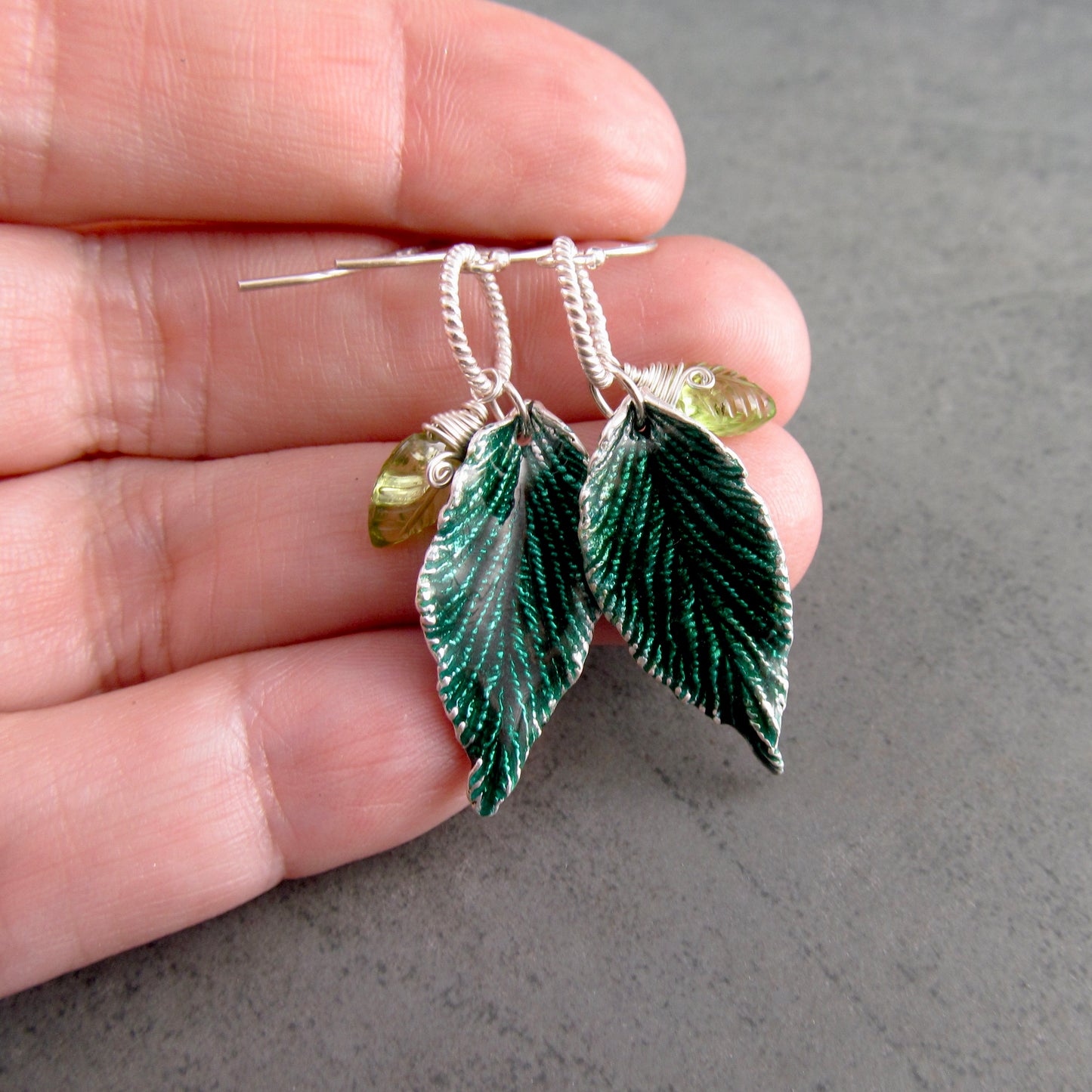 Green enamel leaf earrings, recycled fine silver and peridot