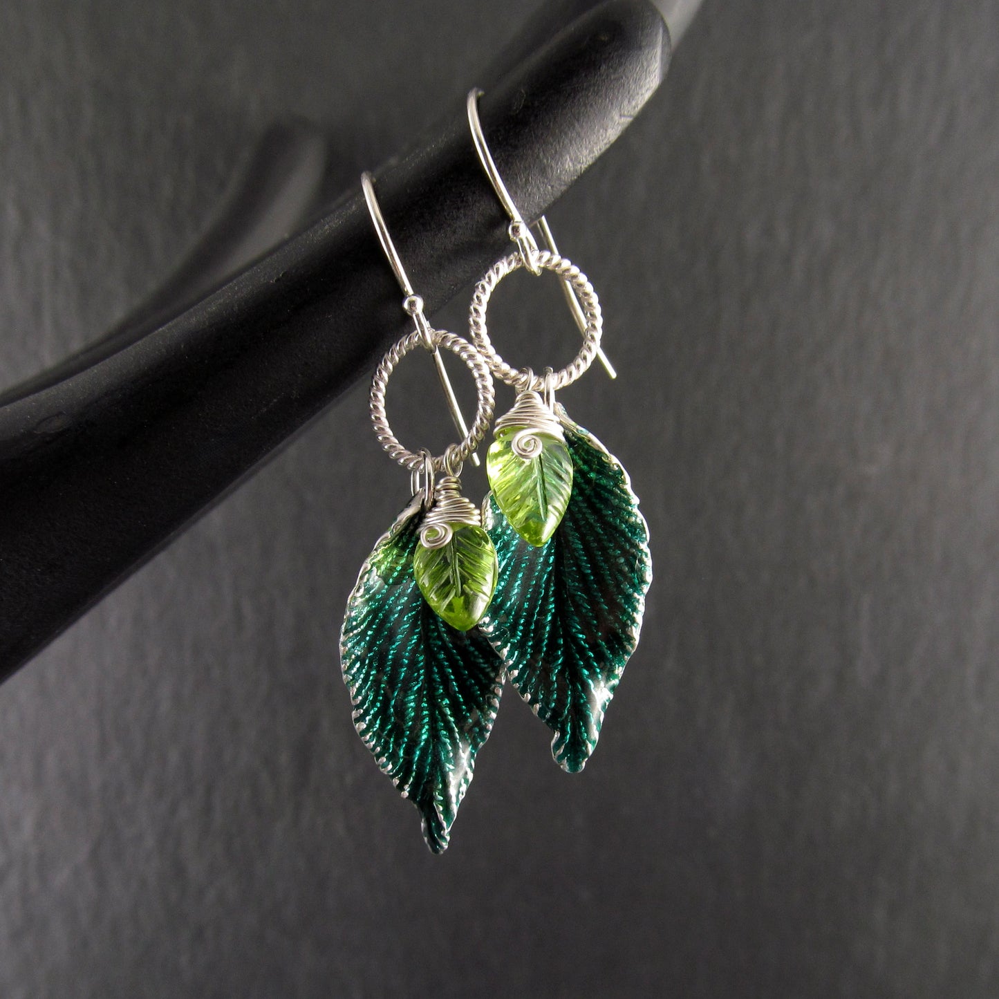 Green enamel leaf earrings, recycled fine silver and peridot