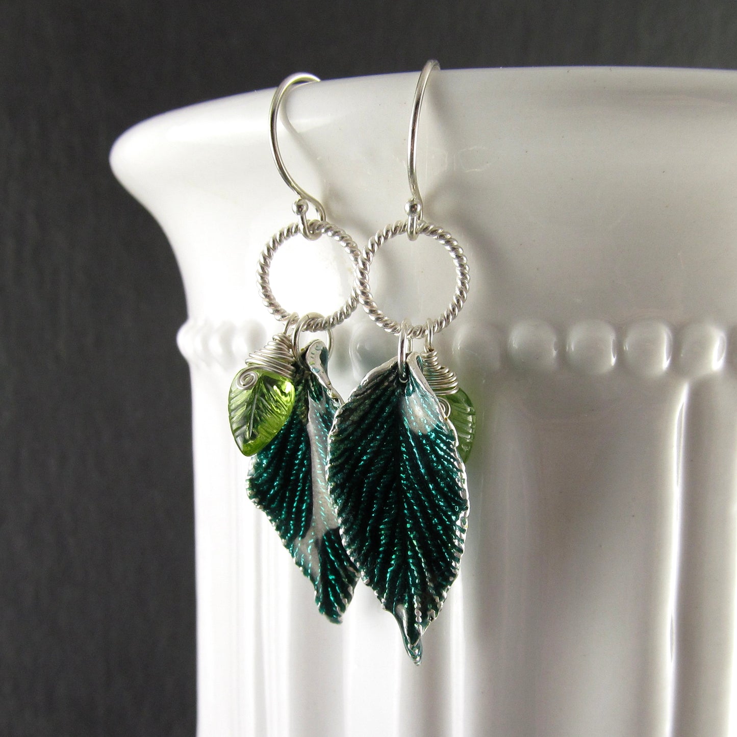 Green enamel leaf earrings, recycled fine silver and peridot