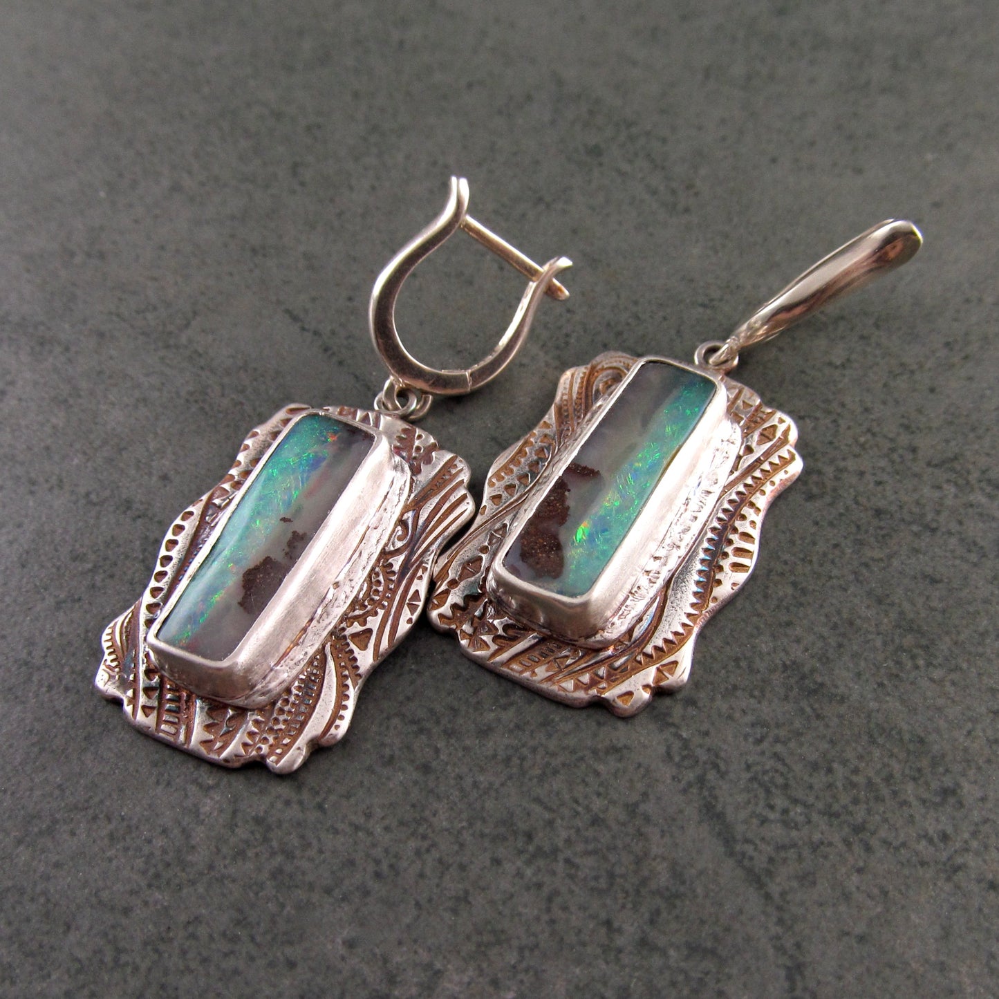 Australian opal earrings, handmade recycled fine silver earrings