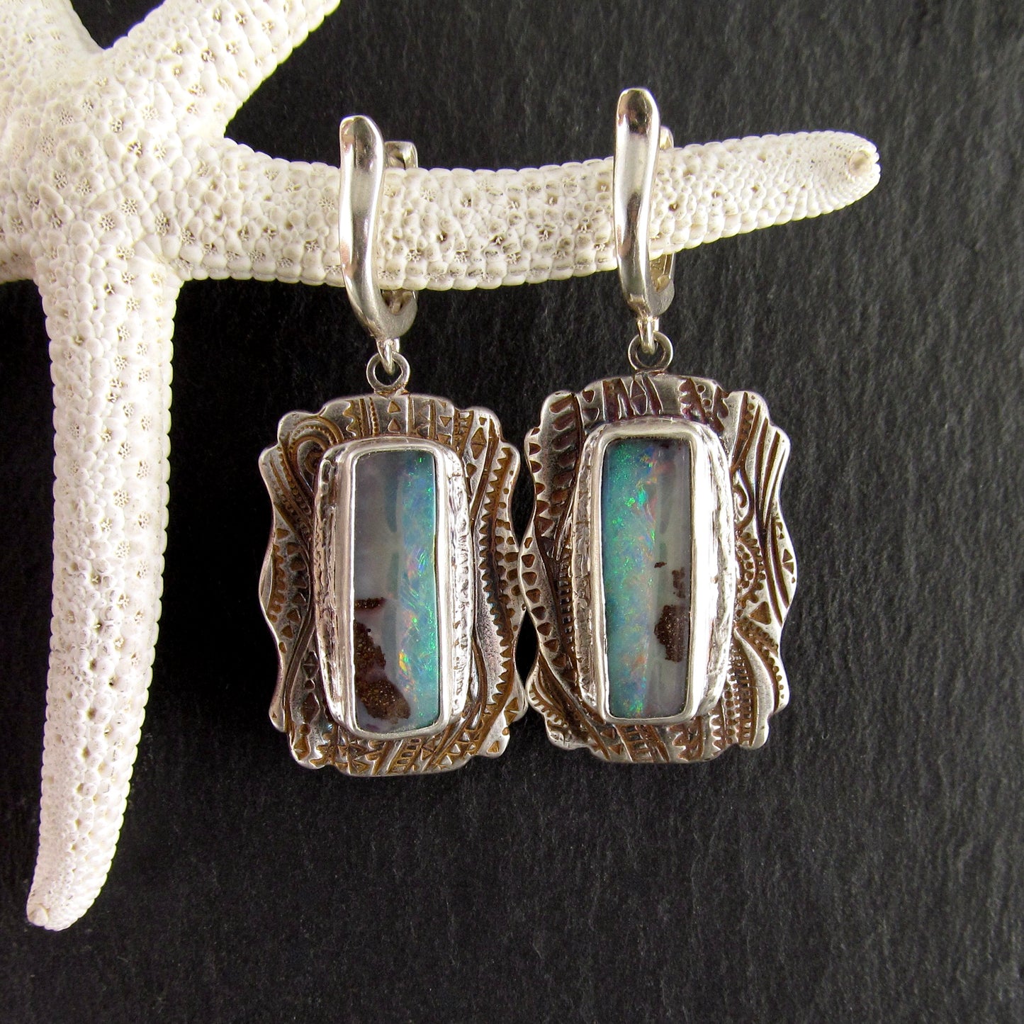 Australian opal earrings, handmade recycled fine silver earrings