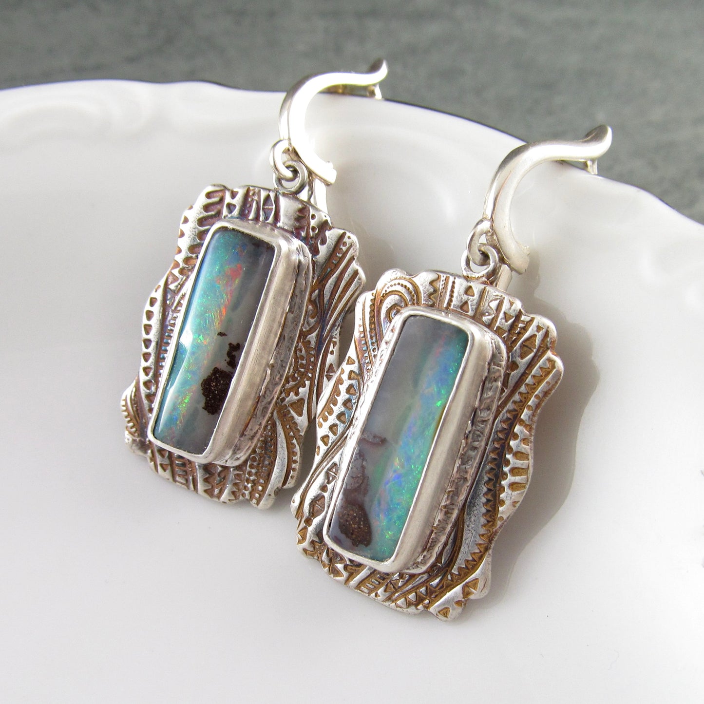 Australian opal earrings, handmade recycled fine silver earrings