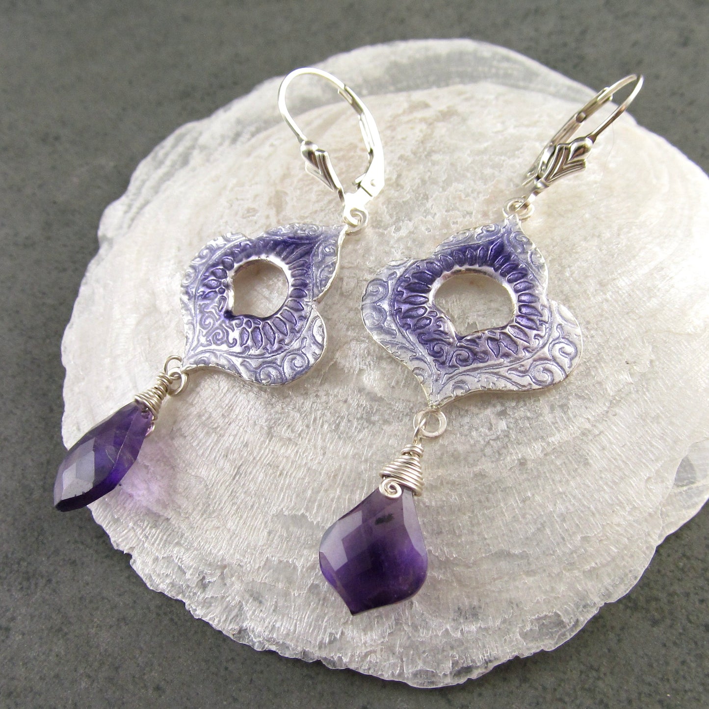 Amethyst and purple enamel earrings, recycled fine silver earrings