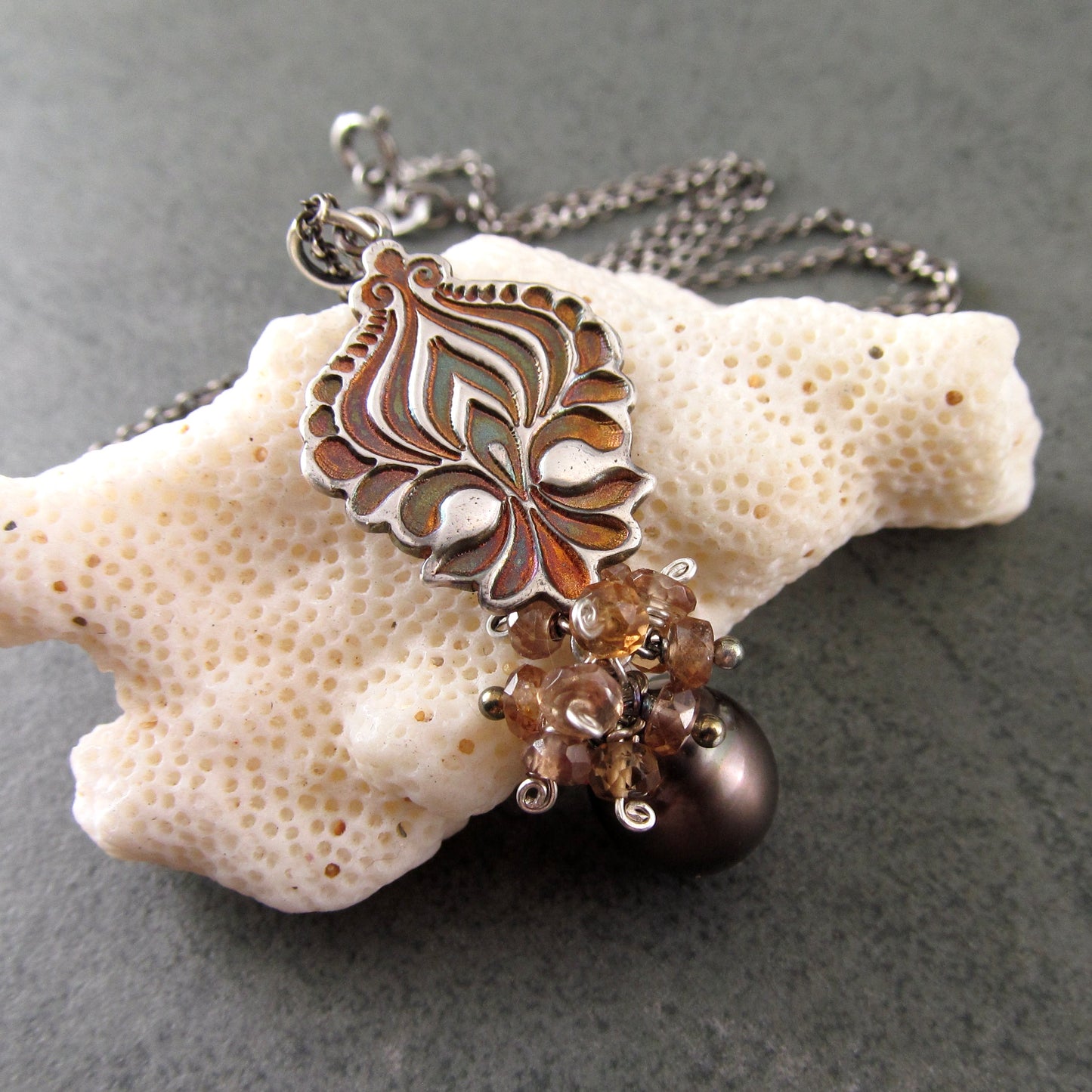 Mocha Tahitian Pearl pendant in fine silver with color change garnets