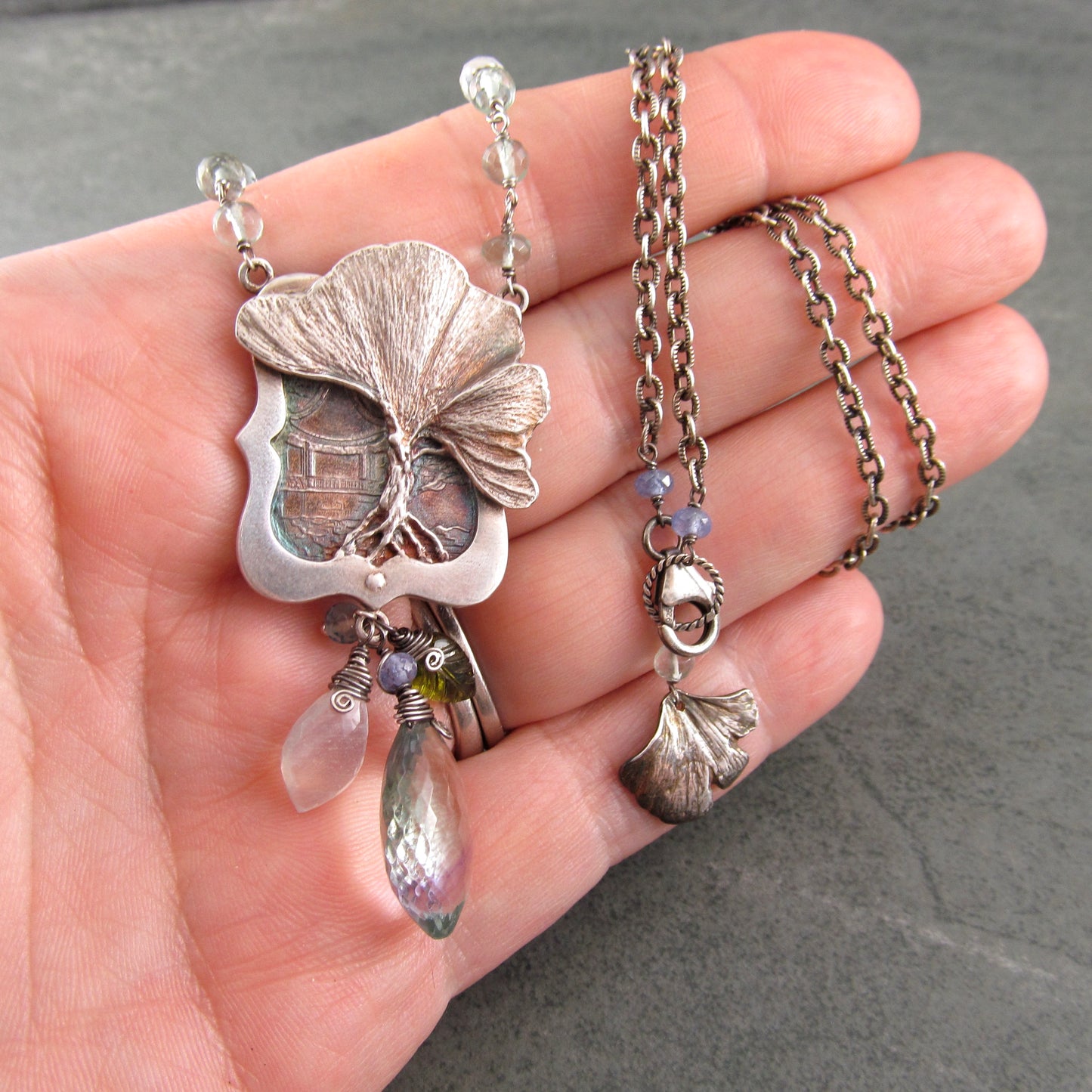 Gingko tree pendant in fine silver with fluorite, moonstone, tanzanite and vesuvianite gemstones