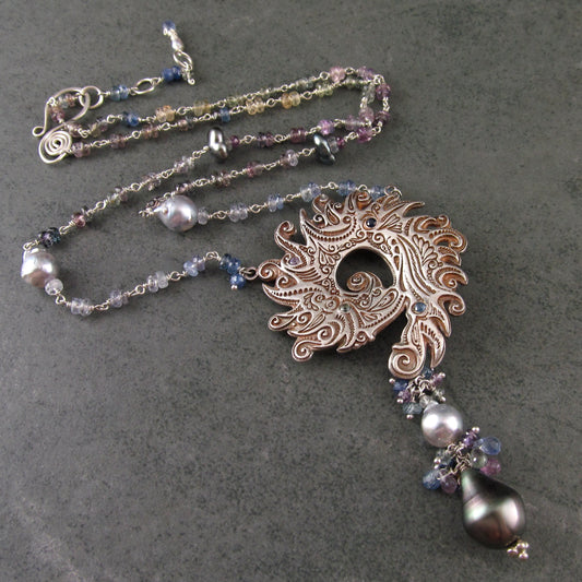 Ocean blue spiral shell fine silver pendant with sapphire and Tahitian and Akoya pearls