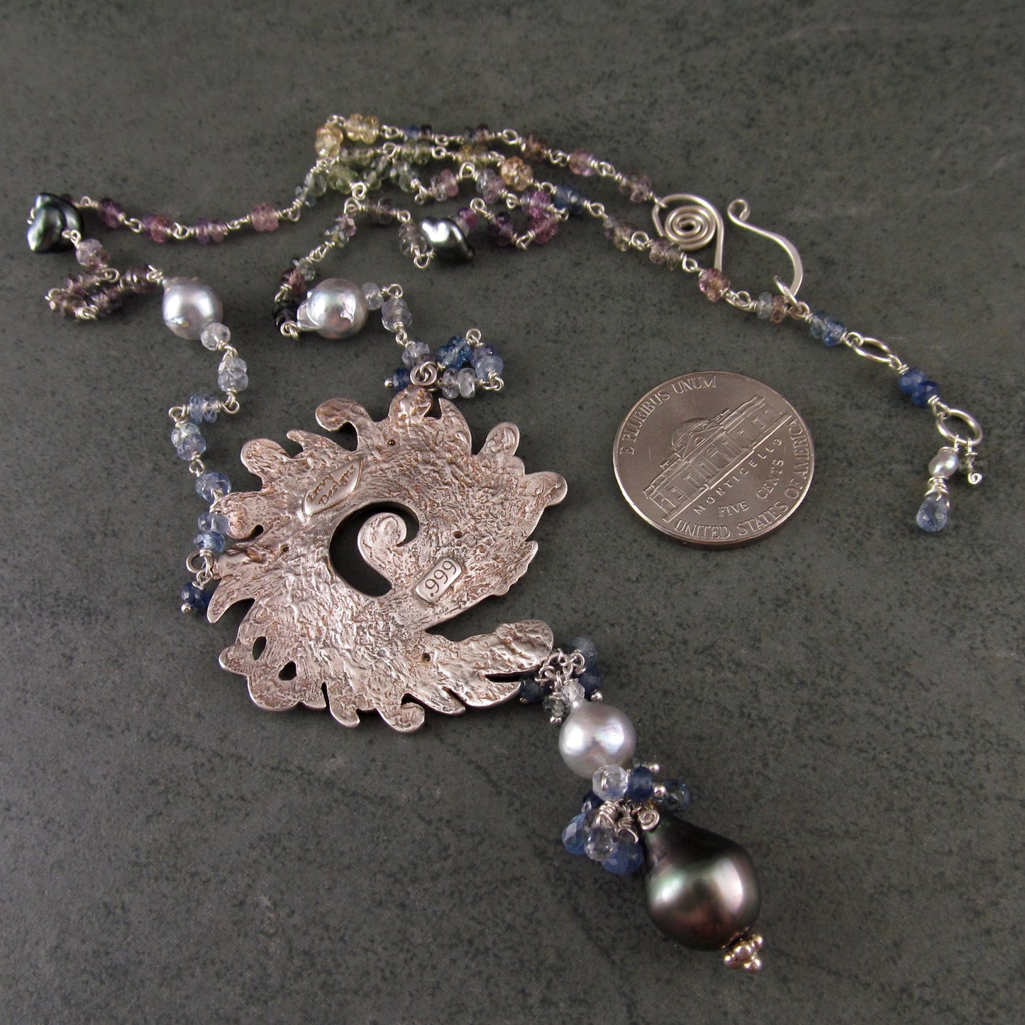Ocean blue spiral shell fine silver pendant with sapphire and Tahitian and Akoya pearls