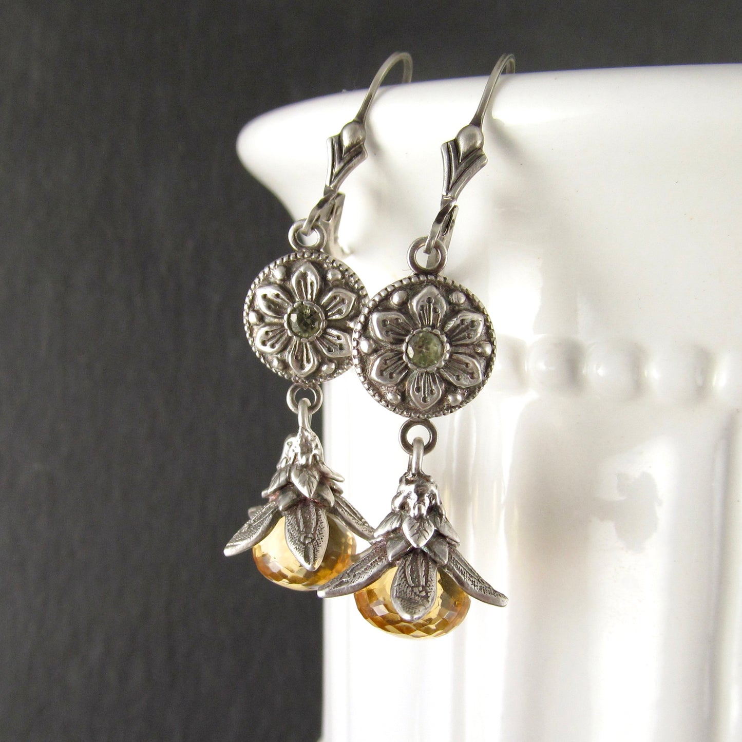 Citrine exotic flower earrings, handmade fine silver and green sapphire