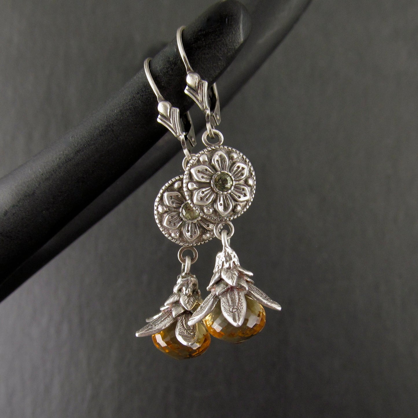 Citrine exotic flower earrings, handmade fine silver and green sapphire