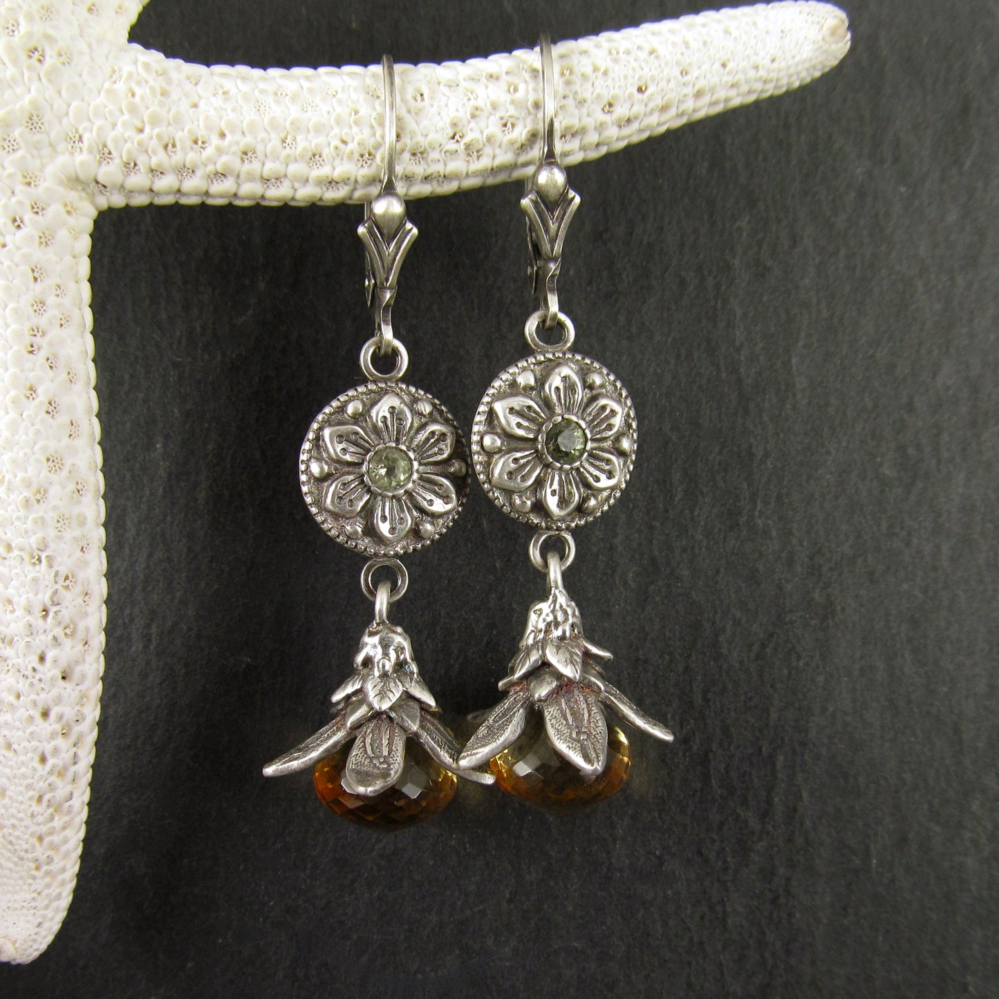 Citrine exotic flower earrings, handmade fine silver and green sapphire
