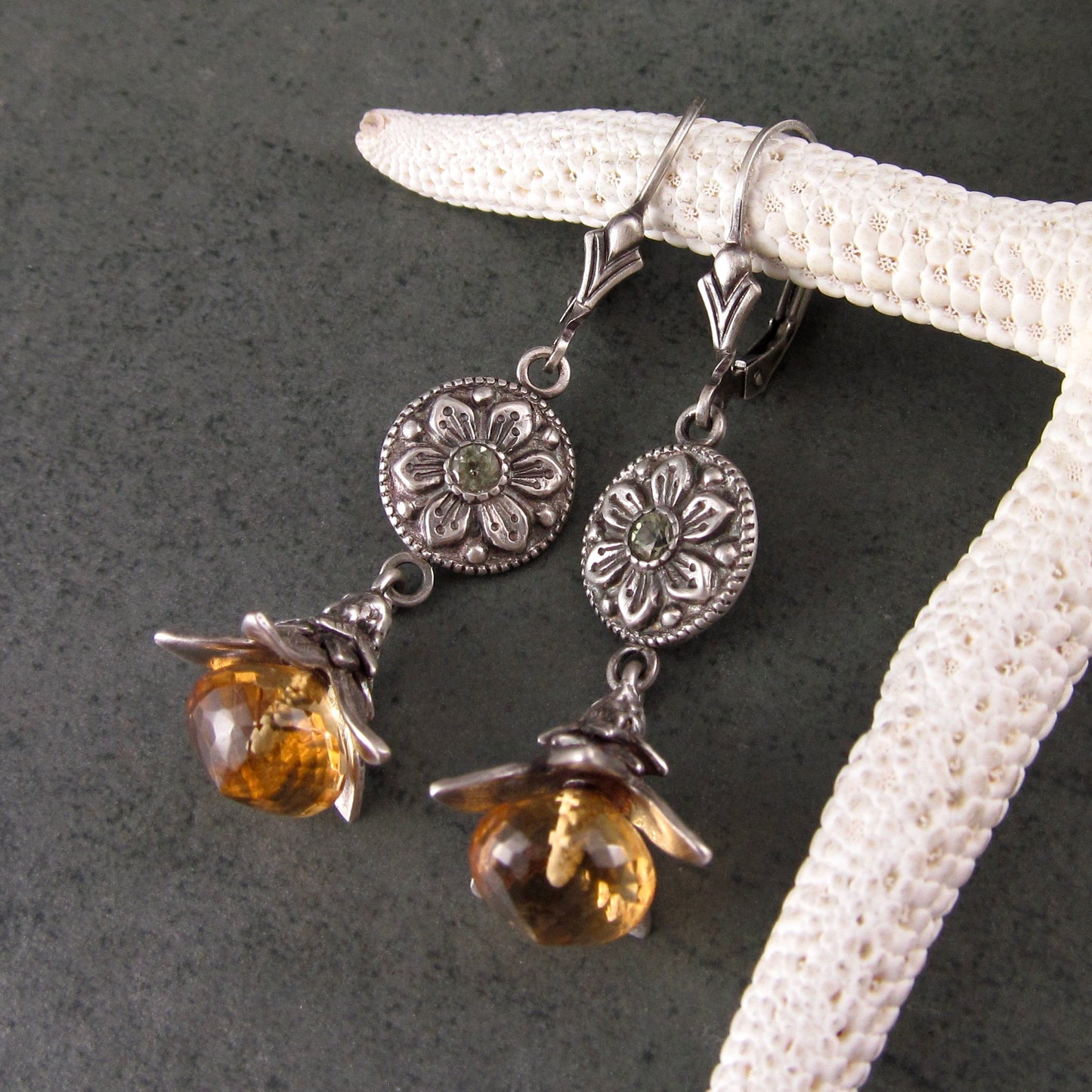 Citrine exotic flower earrings, handmade fine silver and green sapphire